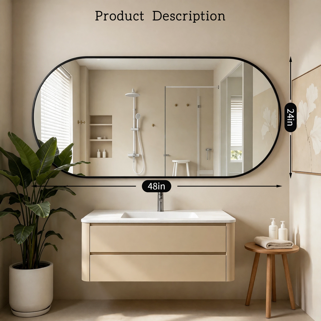Roomisland Oval Wall Mirror Black 24"x48", Brushed Metal Frame Vanity Mirror, Tempered Glass, Wall Mount Mirror for Bathroom, Bedroom, Entryway, Living Room, Horizontal/Vertical