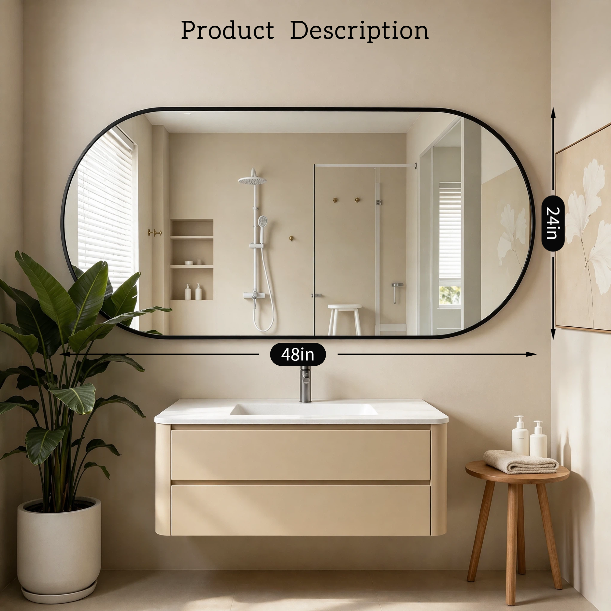 Roomisland Oval Wall Mirror Black 24"x48", Brushed Metal Frame Vanity Mirror, Tempered Glass, Wall Mount Mirror for Bathroom, Bedroom, Entryway, Living Room, Horizontal/Vertical