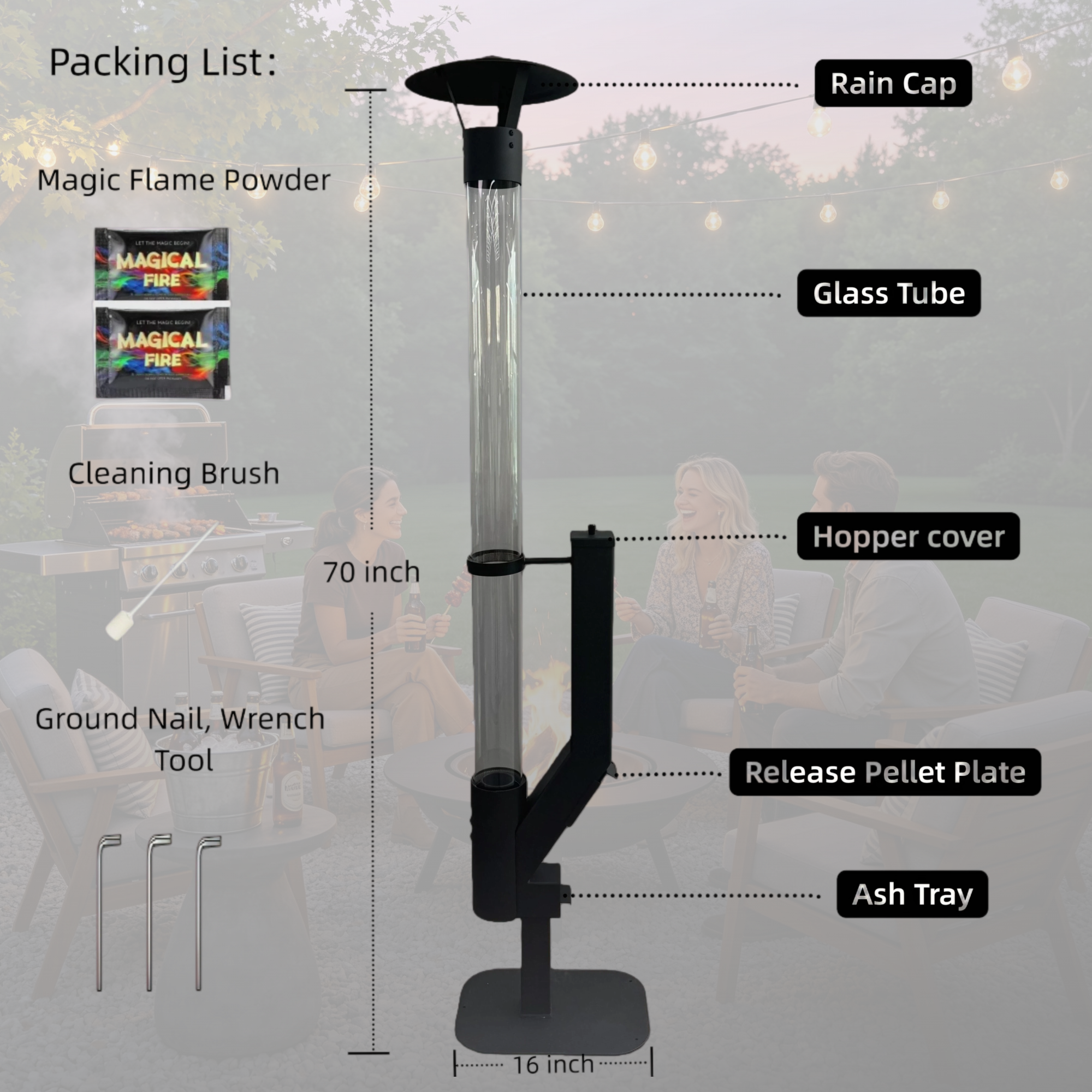 Nygira 70 inch Steel Smokeless Wood Pellet Fire Torch with Glass Tube, Tall Outdoor Patio Bonfire Ambiance