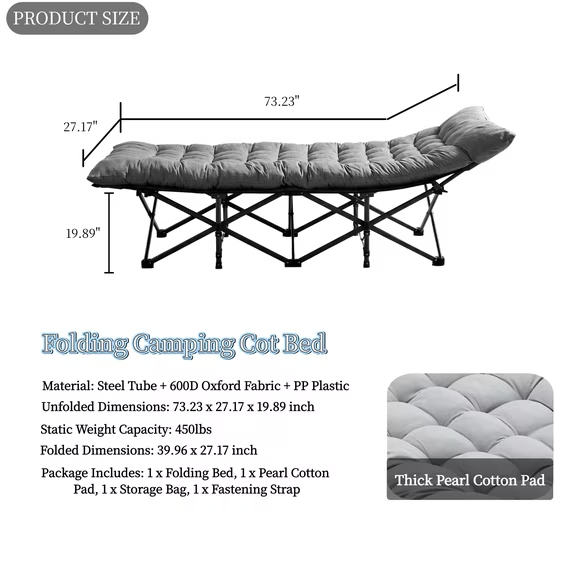 Roomisland Folding Camping Cot 500lbs Capacity, Portable Folding Bed, Rollaway Bed with 3.5'' Mattress for Adults Indoor Outdoor, Quick Setup Compact Storage