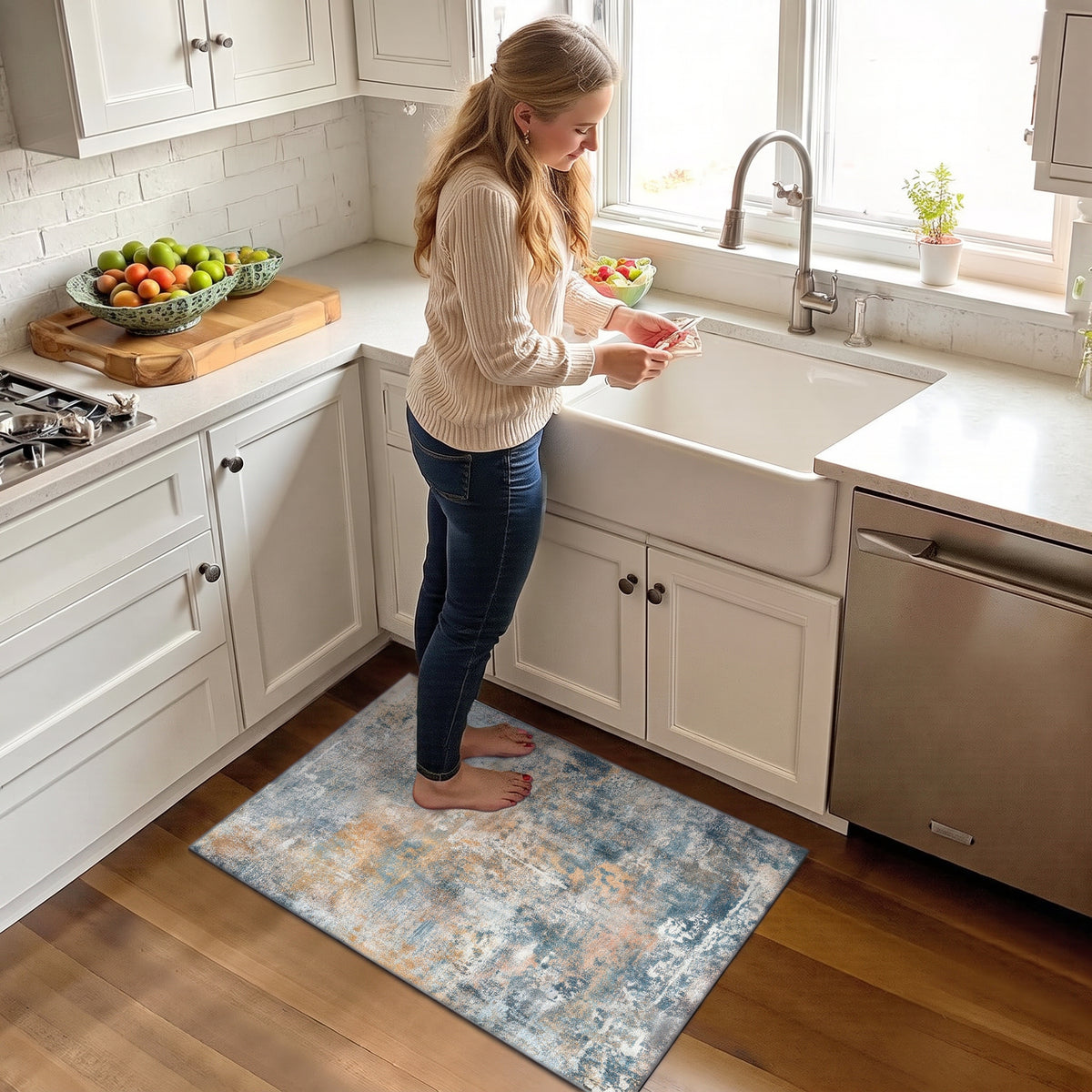 Roomisland Modern Abstract Area Rug 2x3, Machine Washable Small Kitchen Mat with Rubber Backing, Low Profile Floor Carpet for Bathroom Door, Modern Abstract Neutral Design
