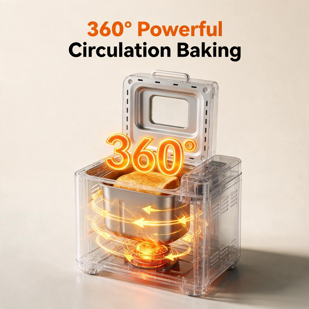 Roomisland Bread Maker Machine 21-in-1, 2LB Automatic Bread Machine with 360°Powerful Circulation Baking, Auto Nut Dispenser, 3 Loaf Sizes, Smart Touch Panel