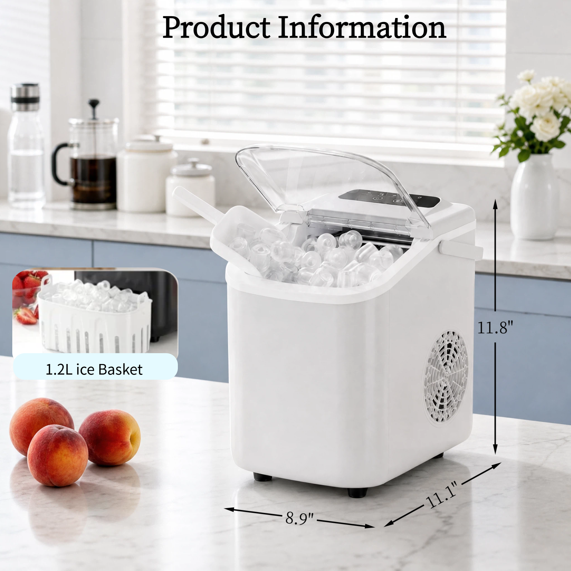 Roomisland Countertop Ice Maker, Portable Ice Machine with Handle, Basket & Scoop, 26Lbs/24H, 9 Bullet Ice Cubes in 6-8 Mins, Auto-Cleaning Silent Ice Maker for Home, Kitchen, RV Camping Outdoor