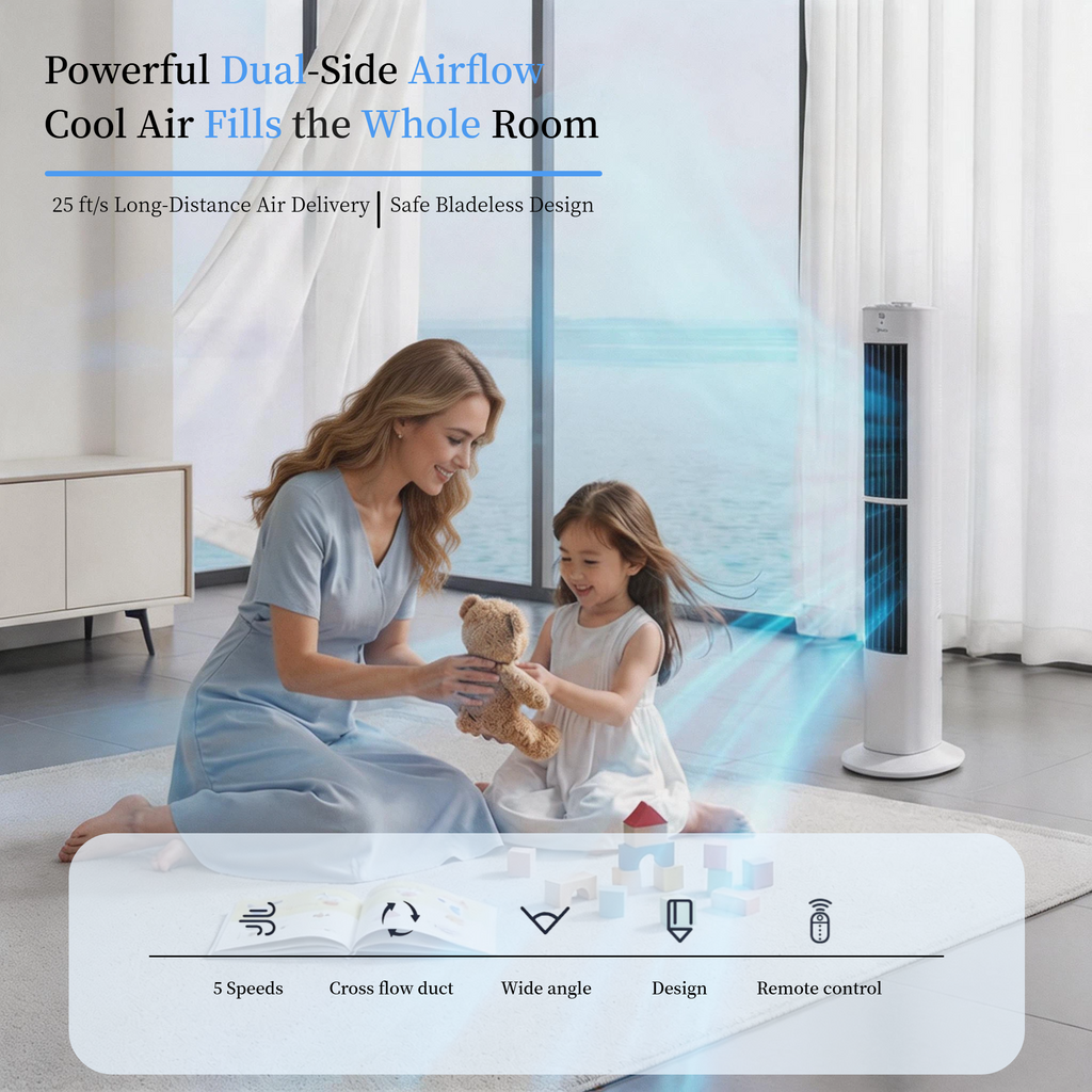 Roomisland 36" Quiet Tower Fan, Standing Bladeless Floor Fan with 60° Oscillation, 25ft Air Delivery, LED Display, 12 Hour Timer, 5 Speed 4 Mode Cooling Fan with Remote