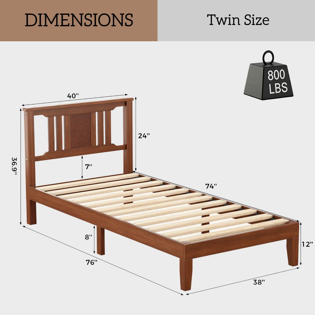 Roomisland Twin Size Platform Bed Frame with Headboard, 12 Inch Heavy Duty Wooden Bed Frame, No Box Spring Needed, Under Bed Storage, Easy Assembly, Walnut