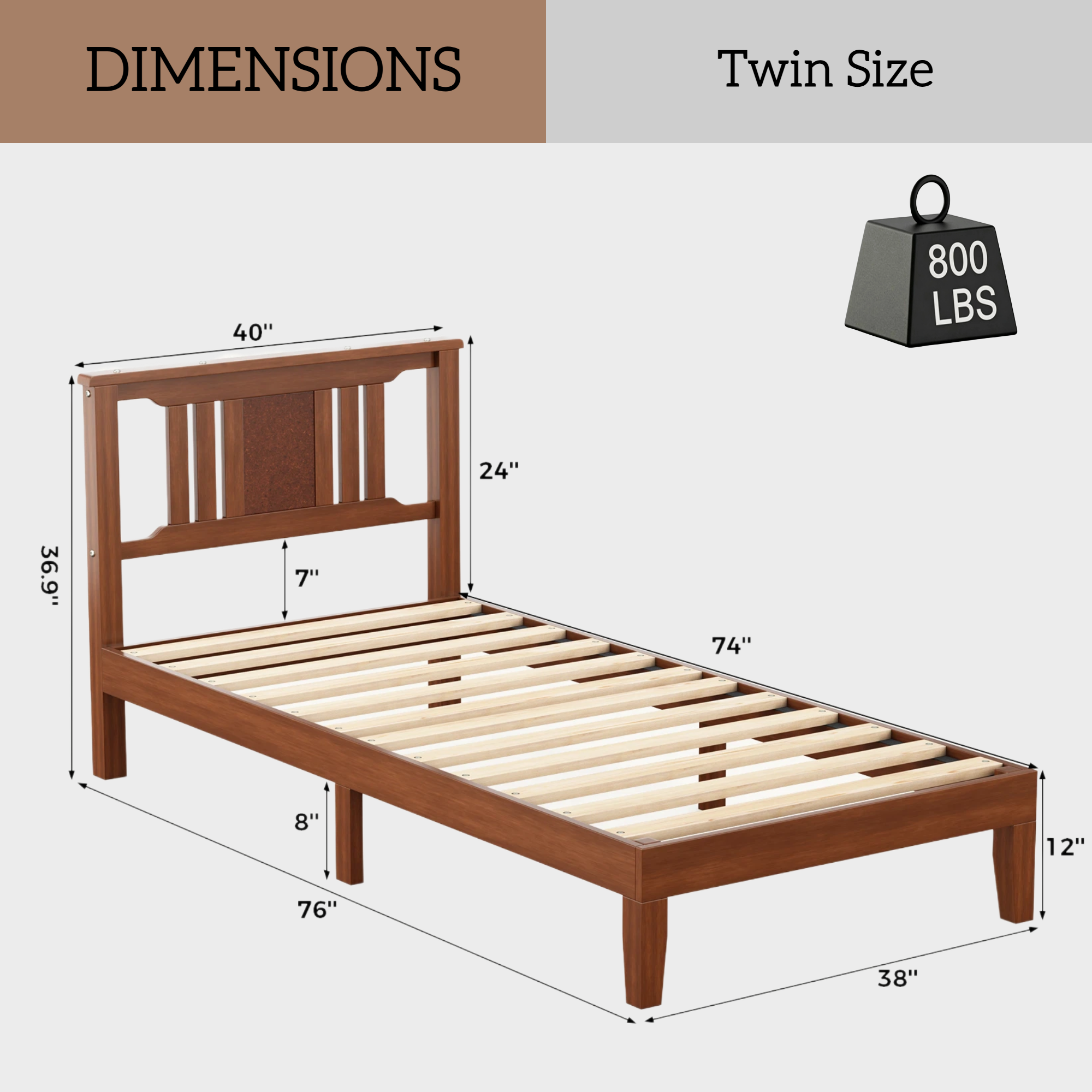 Roomisland Twin Size Platform Bed Frame with Headboard, 12 Inch Heavy Duty Wooden Bed Frame, No Box Spring Needed, Under Bed Storage, Easy Assembly, Walnut