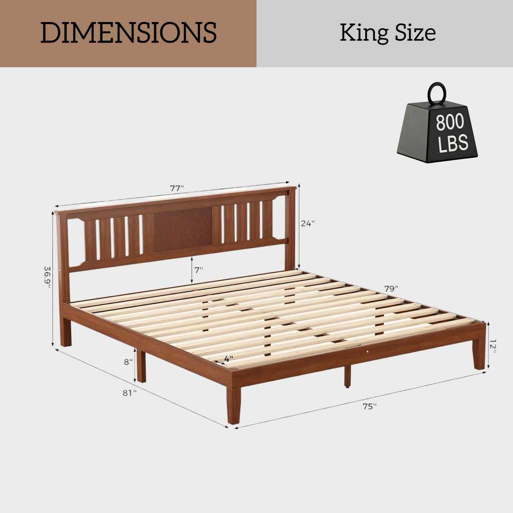 Roomisland Kind Size Platform Bed Frame with Headboard, 12 Inch Heavy Duty Wooden Bed Frame, No Box Spring Needed, Under Bed Storage, Easy Assembly, Walnut