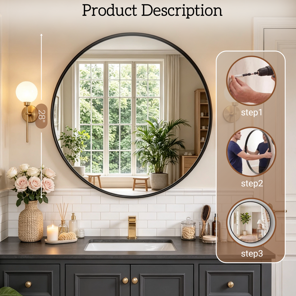 Round Bathroom Mirror, 28 Inch Large Circle Vanity Mirror with Anti-Rust Aluminum Frame, Modern Wall Mounted Mirror for Bedroom, Living Room, Wall Decor
