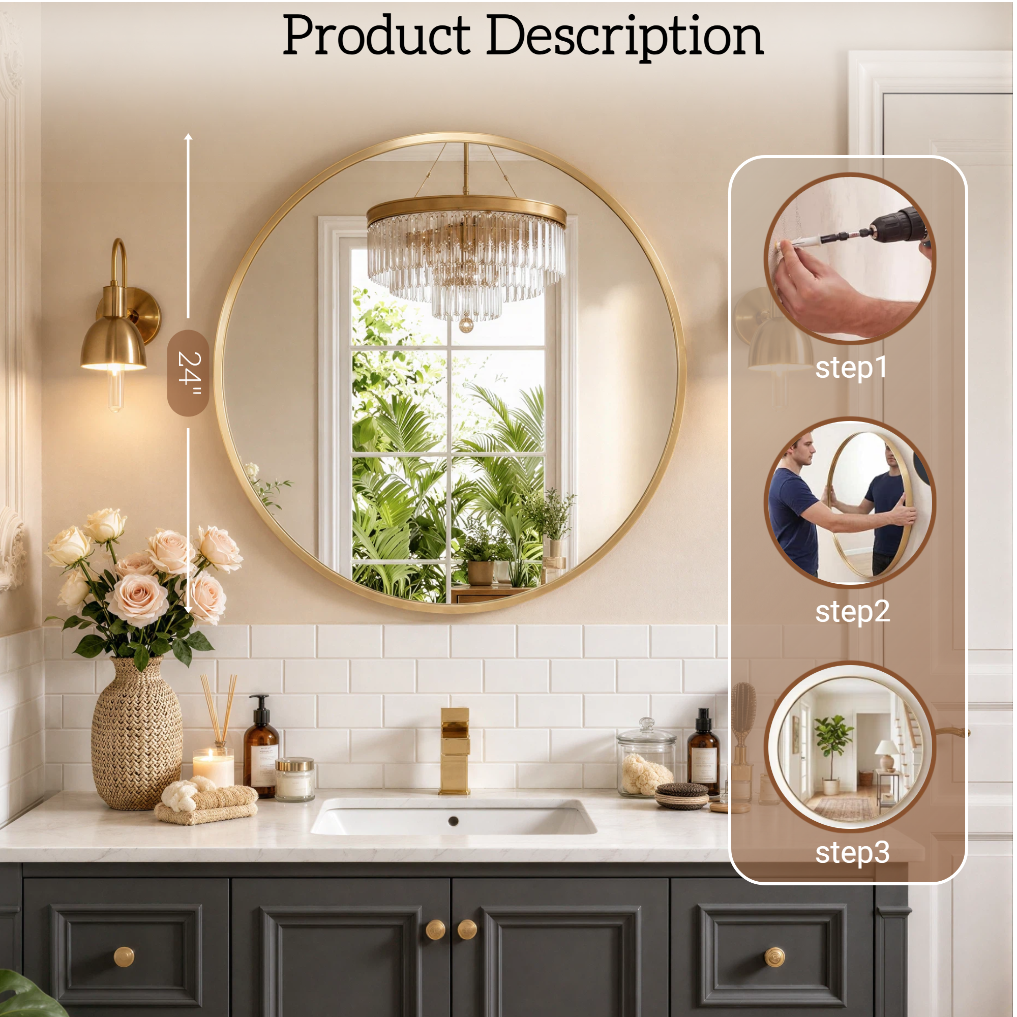 Round Bathroom Mirror, 24 Inch Large Circle Vanity Mirror with Anti-Rust Aluminum Frame, Modern Wall Mounted Mirror for Bedroom, Living Room, Wall Decor