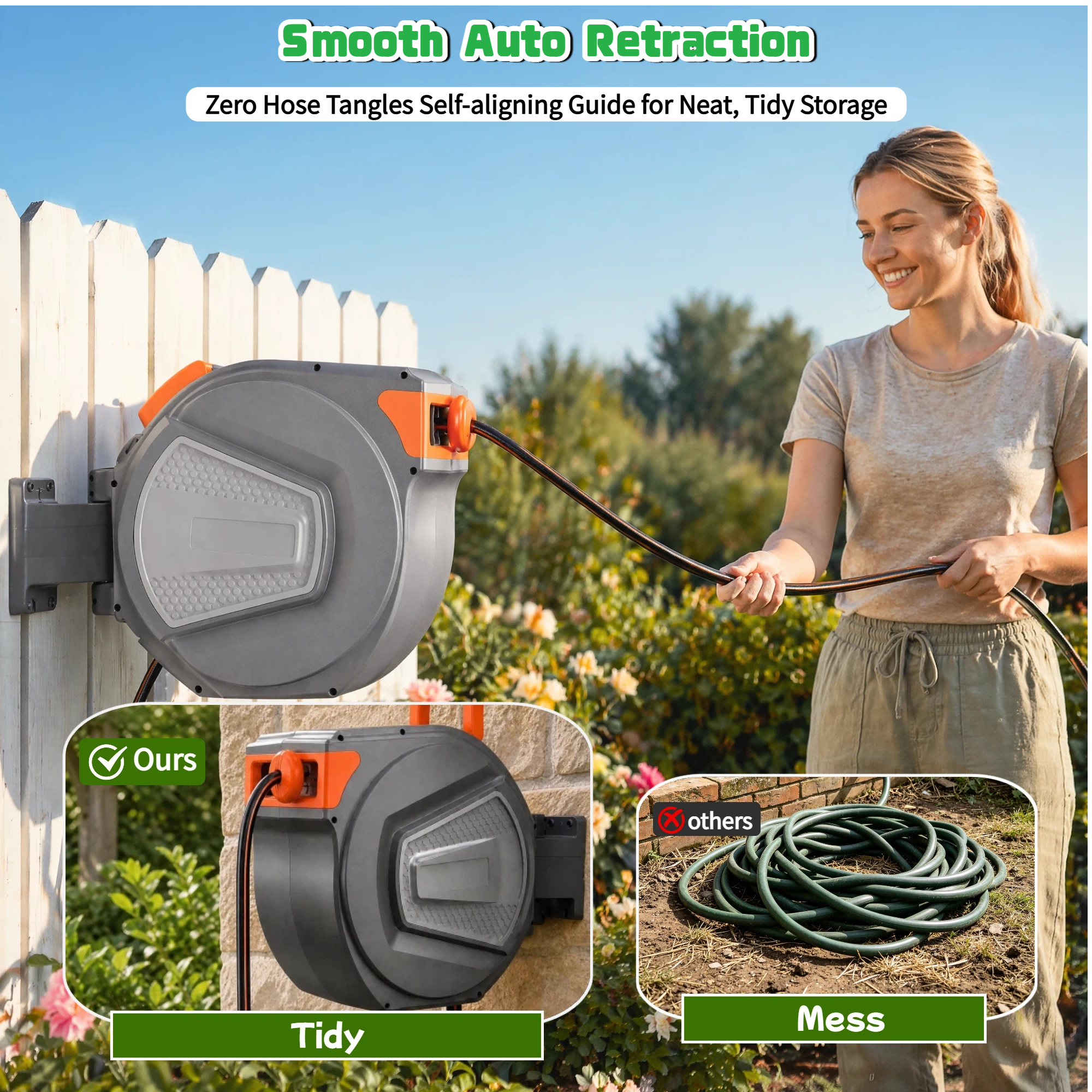 Retractable Garden Hose Reel 65ft, Wall Mount Auto-Rewind Water Hose Reel with 1/2" Anti-Kink Hose, 180° Swivel, Any-Length Lock, 9-Pattern Nozzle for Outdoor Yard & Patio