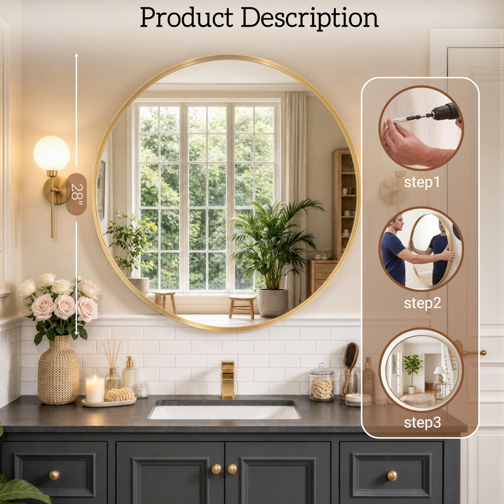 Round Bathroom Mirror, 28 Inch Large Circle Vanity Mirror with Anti-Rust Aluminum Frame, Modern Wall Mounted Mirror for Bedroom, Living Room, Wall Decor