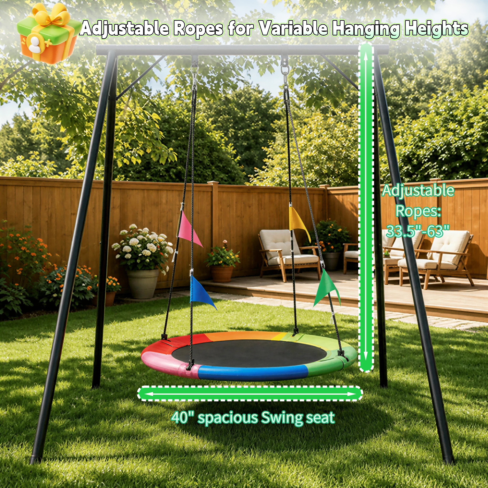 40 Inch Saucer Tree Swing, Heavy Duty Round Swing Seat for Kids & Adults, Adjustable Ropes, Waterproof Outdoor Backyard Playground