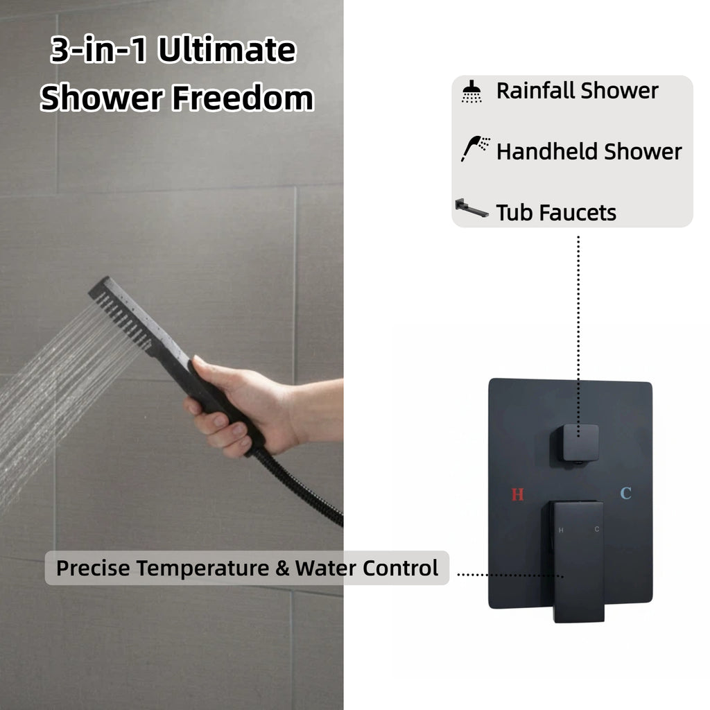 Nygira Rainfall Bathroom Shower System Rain Shower Head and Handle Set, Wall Mounted Shower Faucet Set with Tub Spout, Rough-in Valve, Black