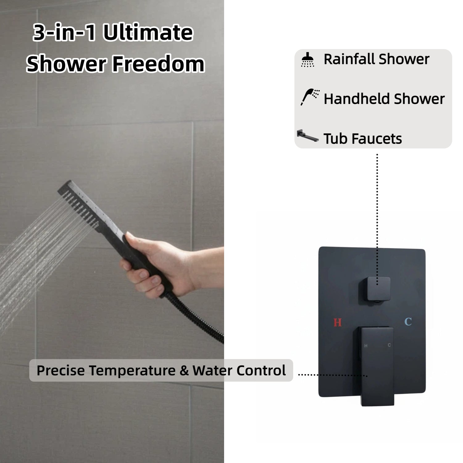 Nygira Rainfall Bathroom Shower System Rain Shower Head and Handle Set, Wall Mounted Shower Faucet Set with Tub Spout, Rough-in Valve, Black