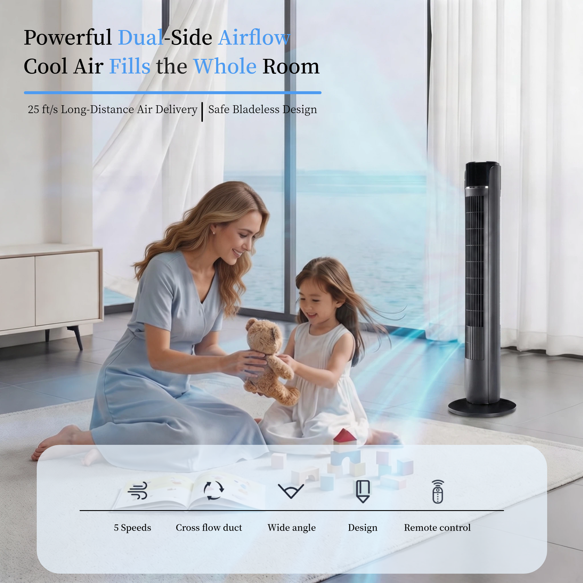Roomisland 36" Quiet Tower Fan, Standing Bladeless Floor Fan with 60° Oscillation, 25ft Air Delivery, LED Display, 12 Hour Timer, 5 Speed 4 Mode Cooling Fan with Remote