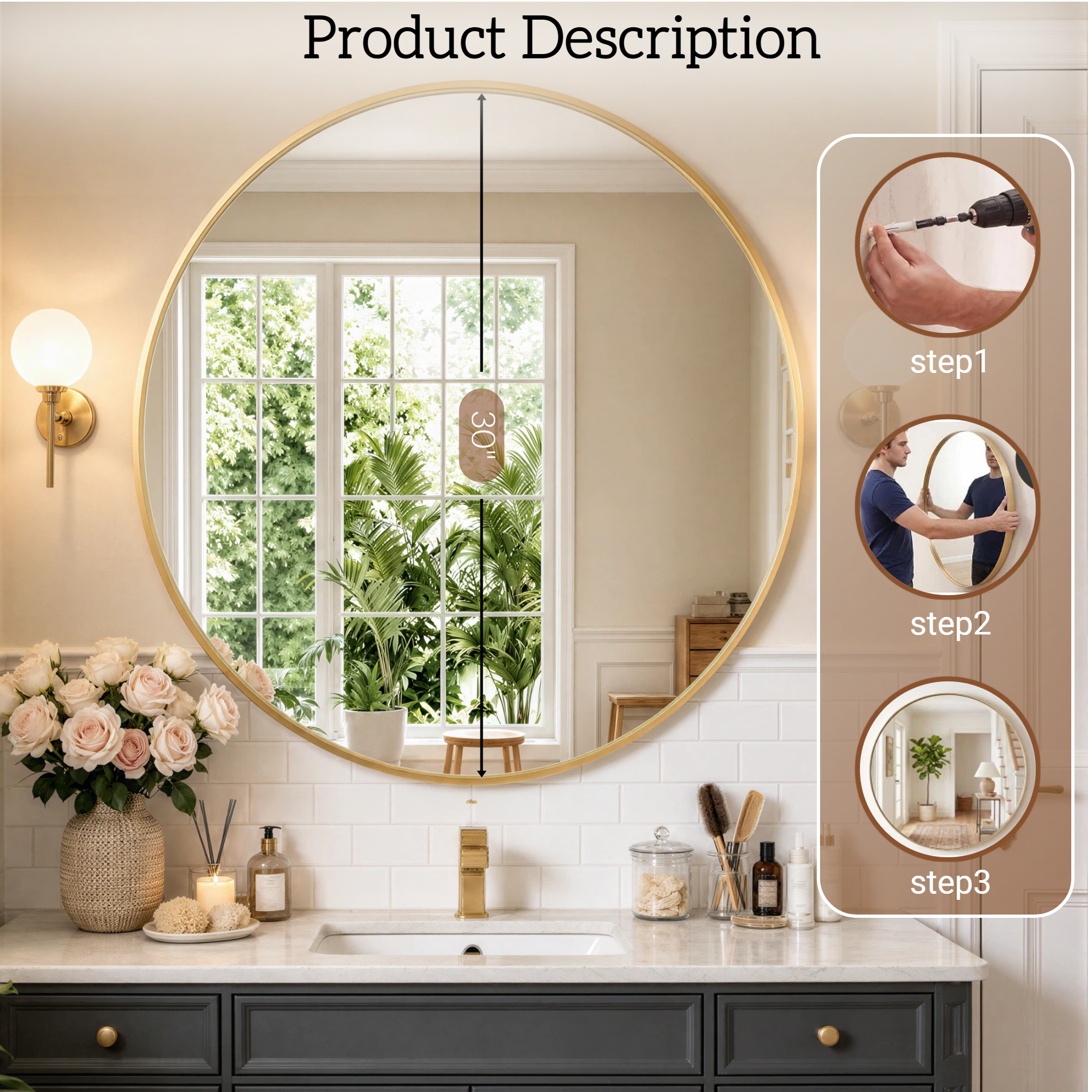 Round Bathroom Mirror, 30 Inch Large Circle Vanity Mirror with Anti-Rust Aluminum Frame, Modern Wall Mounted Mirror for Bedroom, Living Room, Wall Decor