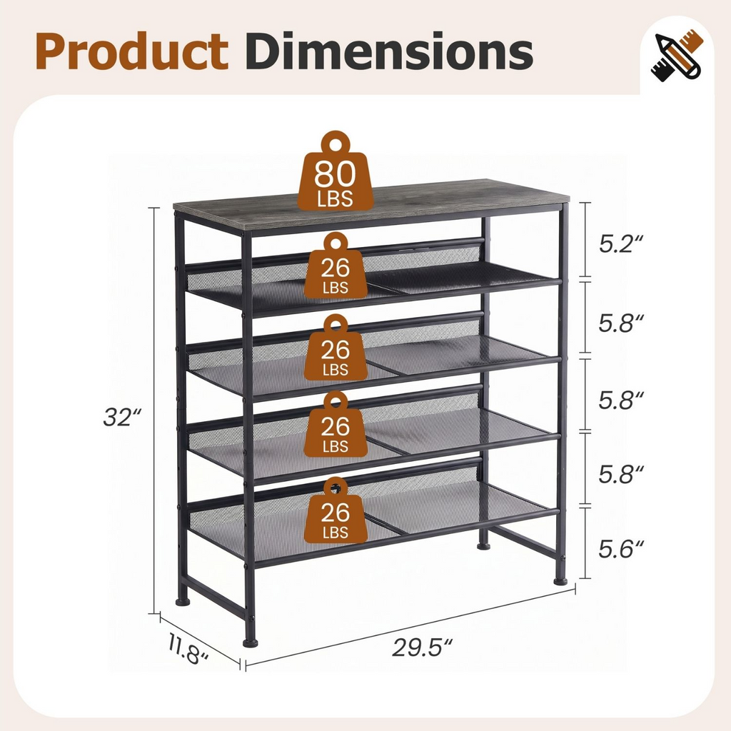 Roomisland Shoe Rack for Entryway 5-Tier, Metal Shoe Organizer with Adjustable Mesh Shelves, Heavy Duty Shoe Storage for Entryway