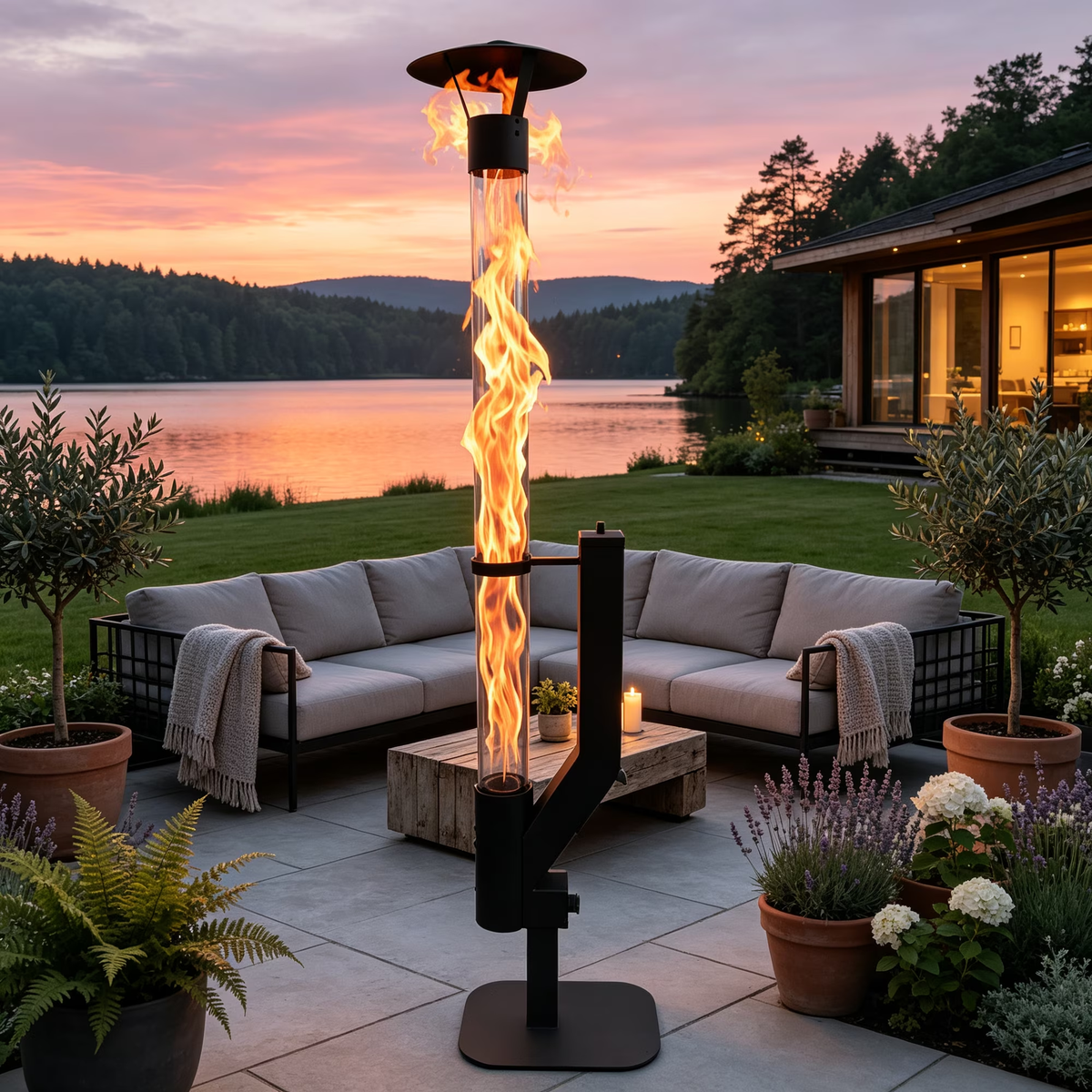 Roomisland 70 inch Steel Smokeless Wood Pellet Fire Torch with Glass Tube, Tall Outdoor Patio Bonfire Ambiance