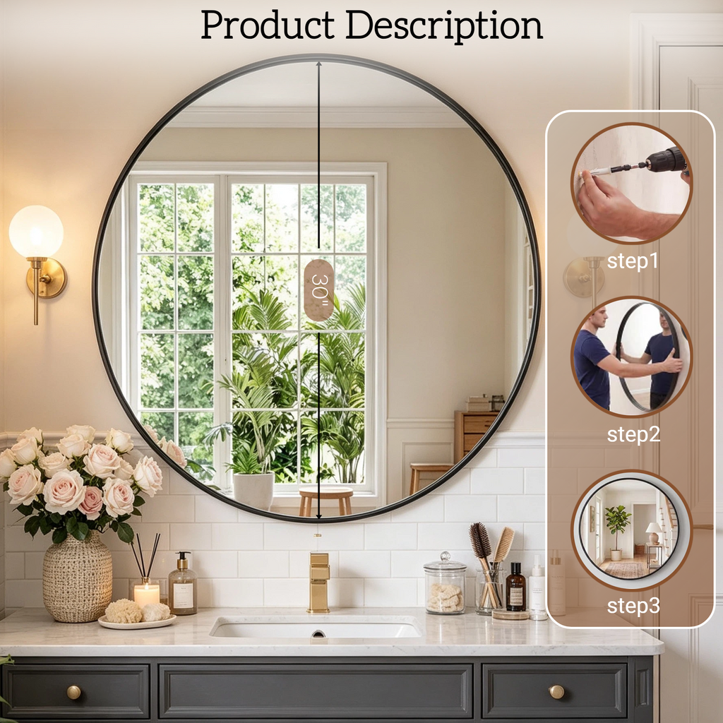Round Bathroom Mirror, 30 Inch Large Circle Vanity Mirror with Anti-Rust Aluminum Frame, Modern Wall Mounted Mirror for Bedroom, Living Room, Wall Decor
