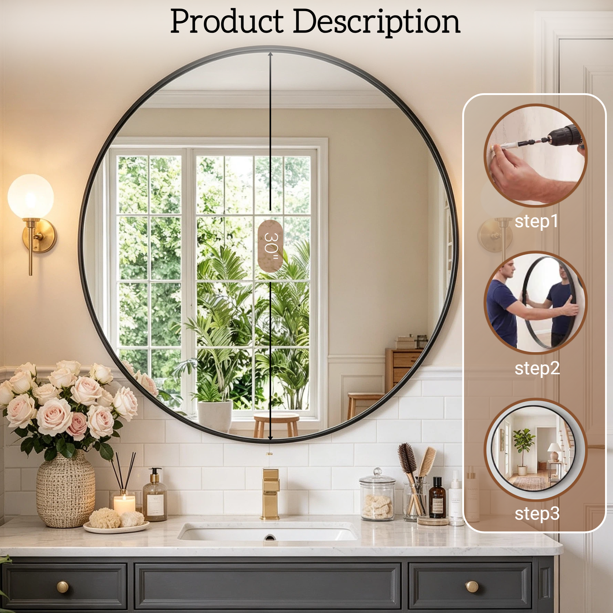 Round Bathroom Mirror, 30 Inch Large Circle Vanity Mirror with Anti-Rust Aluminum Frame, Modern Wall Mounted Mirror for Bedroom, Living Room, Wall Decor