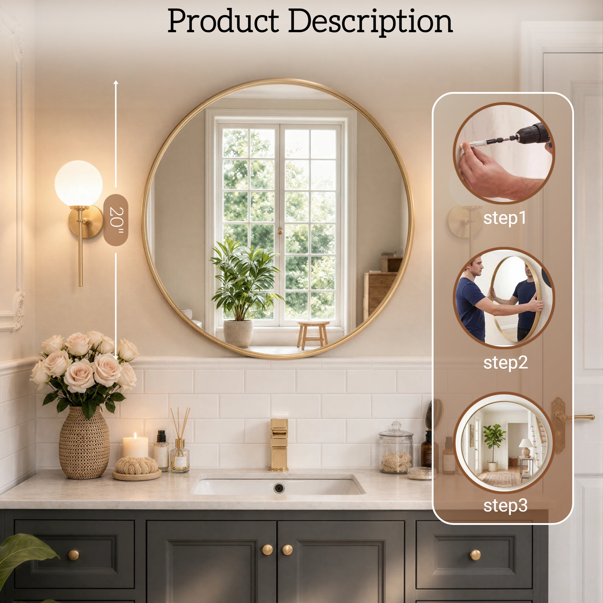 Round Bathroom Mirror, 20 Inch Large Circle Vanity Mirror with Anti-Rust Aluminum Frame, Modern Wall Mounted Mirror for Bedroom, Living Room, Wall Decor