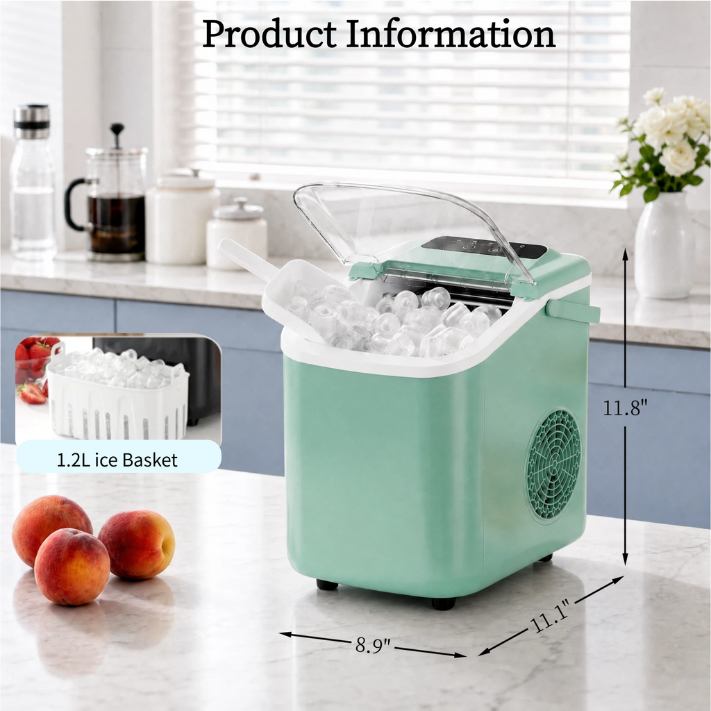 Roomisland Countertop Ice Maker, Portable Ice Machine with Handle, Basket & Scoop, 26Lbs/24H, 9 Bullet Ice Cubes in 6-8 Mins, Auto-Cleaning Silent Ice Maker for Home, Kitchen, RV Camping Outdoor