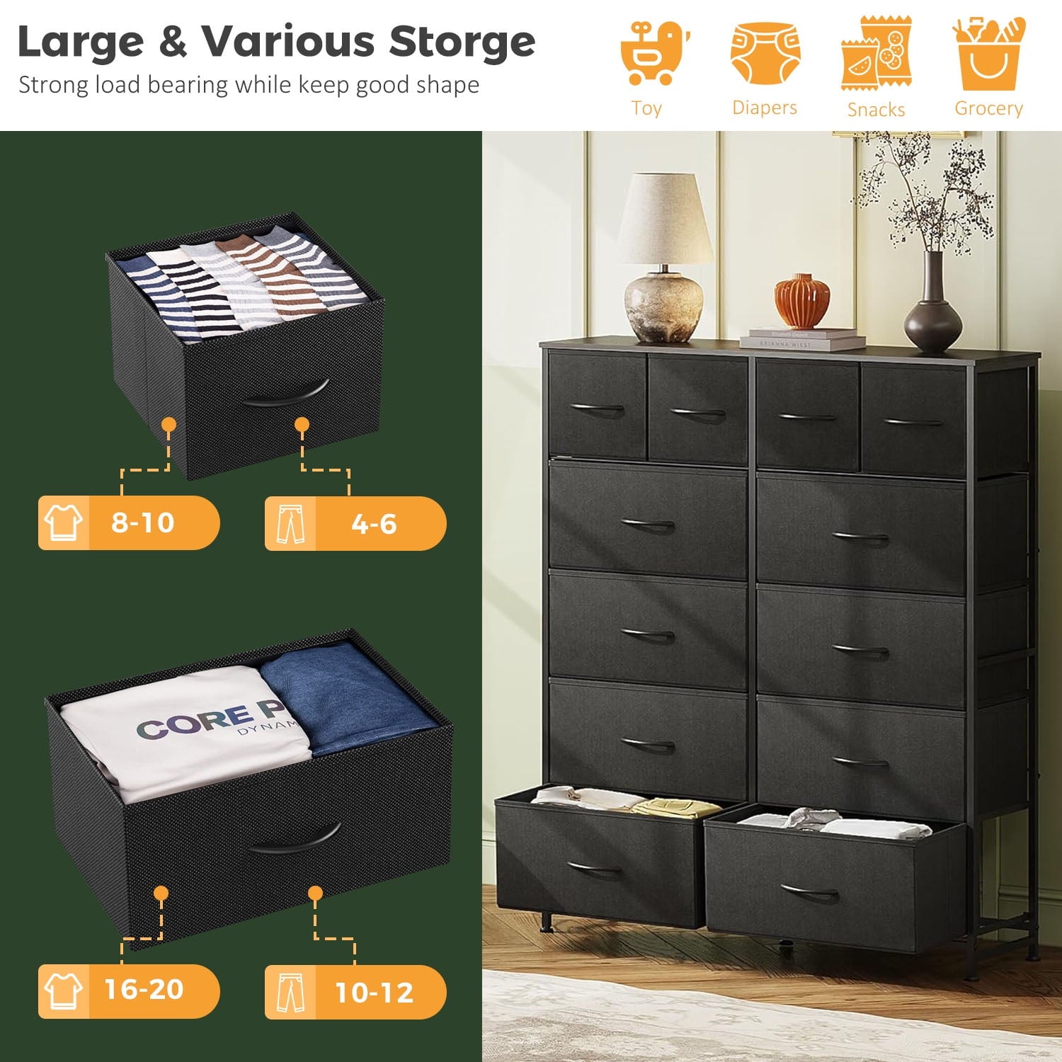12 Drawers Dresser, Fabric Closet Chests Storage Organizer Tower with Wooden Top Metal Frame for Bedroom Living Room Hallway Entryway, Black