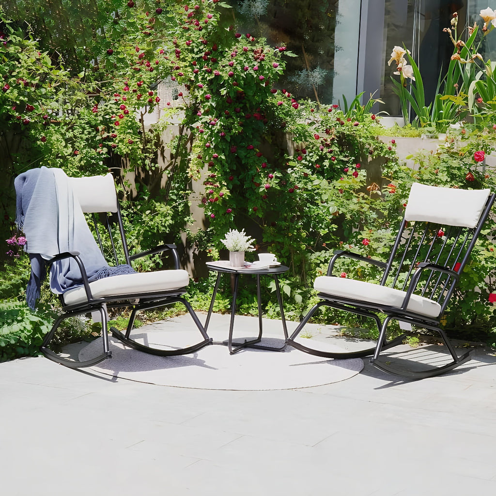 3-PieceOutdoor Rocking Chairs Set for 2 with Thick Cushions and 18-inch Small Round Table, Steel Patio Conversation Set for Backyard, Porch, Deck - Easy Assembly (Black)