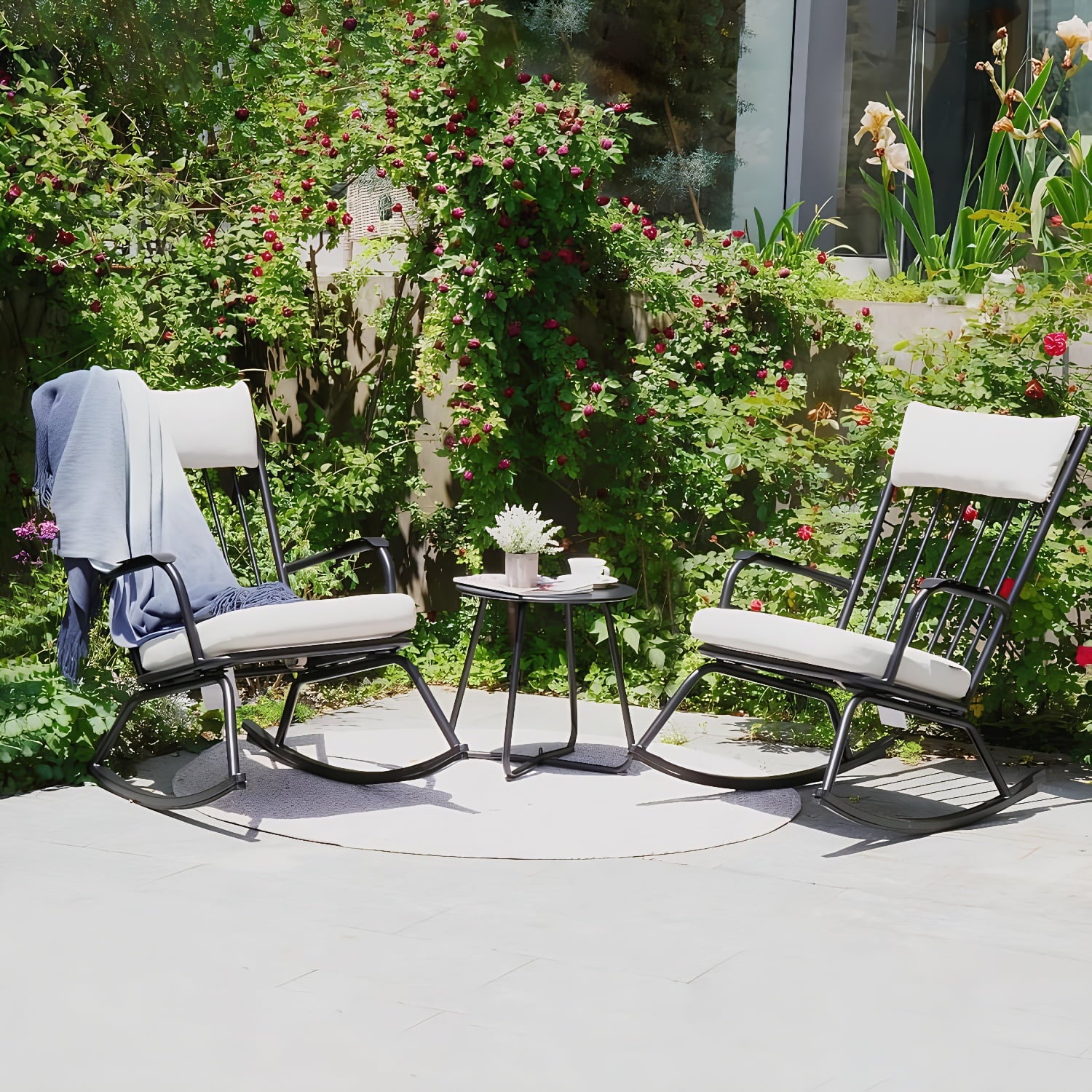 3-PieceOutdoor Rocking Chairs Set for 2 with Thick Cushions and 18-inch Small Round Table, Steel Patio Conversation Set for Backyard, Porch, Deck - Easy Assembly (Black)