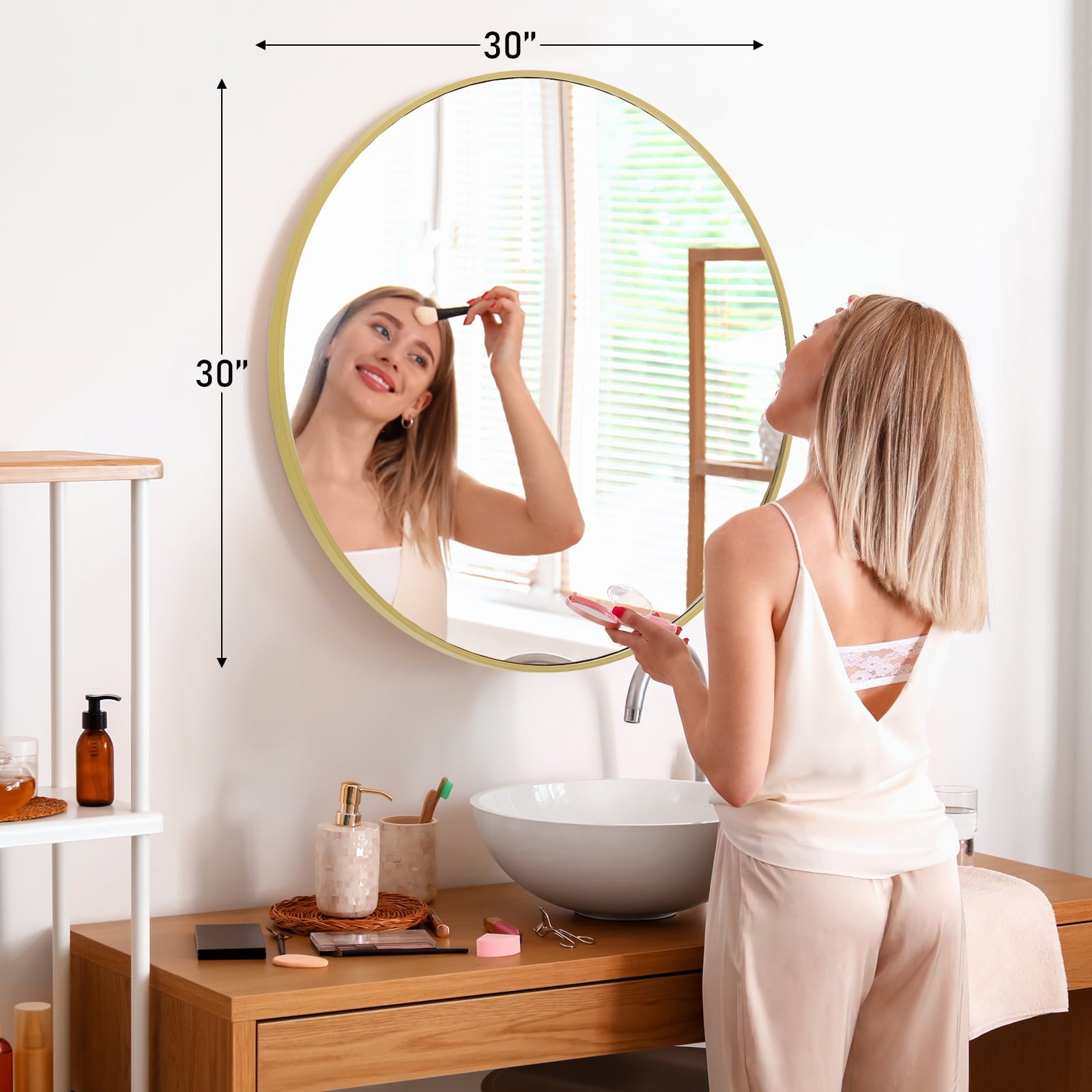 30" Round Mirror, Wall Mounted Circle Mirror, Vanity Mirror with Brushed Aluminum Alloy Frame for Entryway, Bathroom, Living Room, Gold