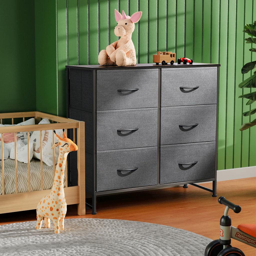 6 Drawers Dresser, Fabric Storage Closet Chests Organizer Tower with Wooden Top Metal Frame for Bedroom Living Room Hallway Entryway, Grey