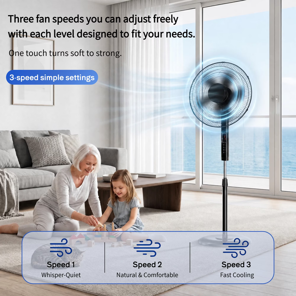 Roomisland 17" Oscillating Pedestal Fan with Remote, Quiet Standing Fan with Timer for Bedroom, 3 Speeds & 3 Modes, Adjustable Height, High Power Floor Fan