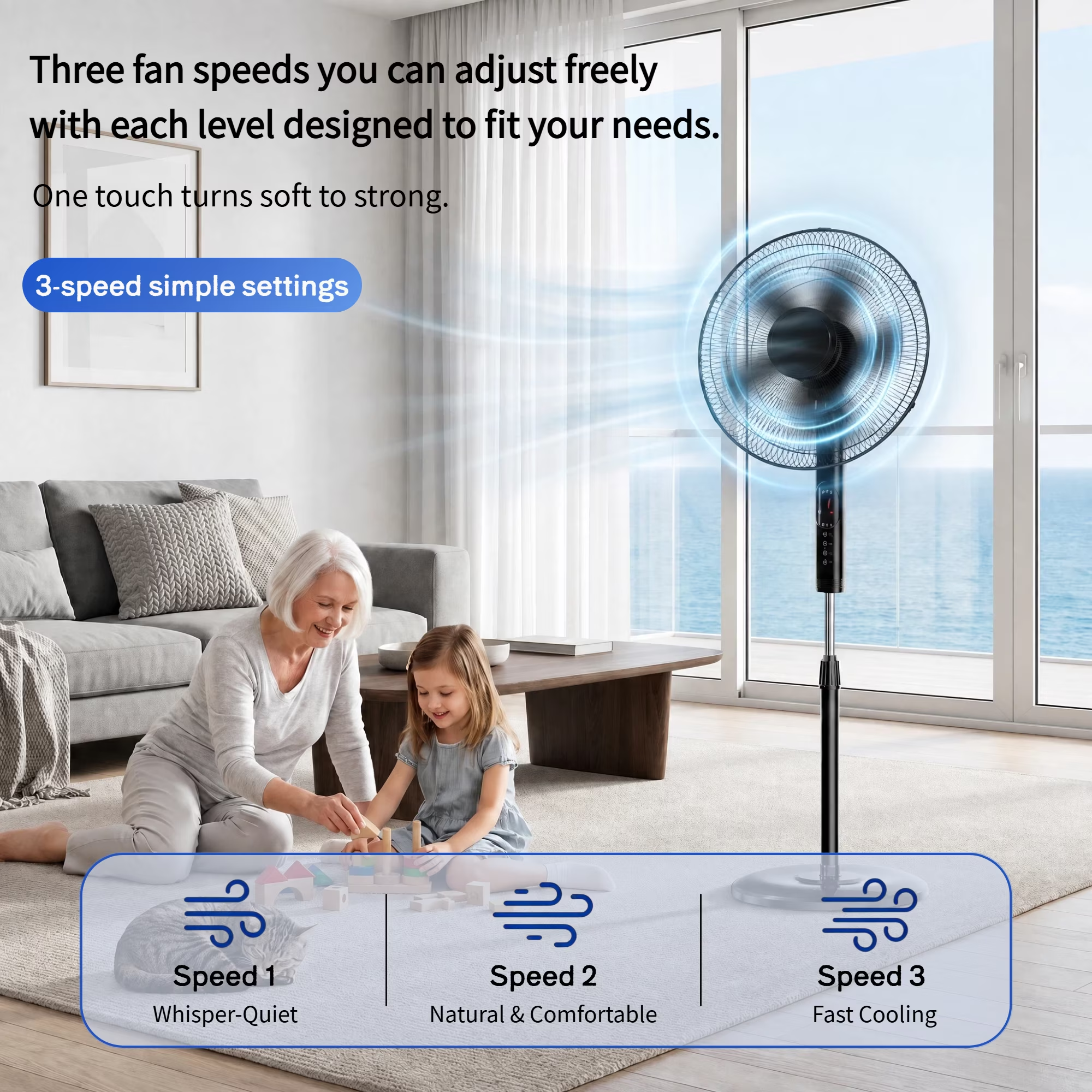 Roomisland 17" Oscillating Pedestal Fan with Remote, Quiet Standing Fan with Timer for Bedroom, 3 Speeds & 3 Modes, Adjustable Height, High Power Floor Fan