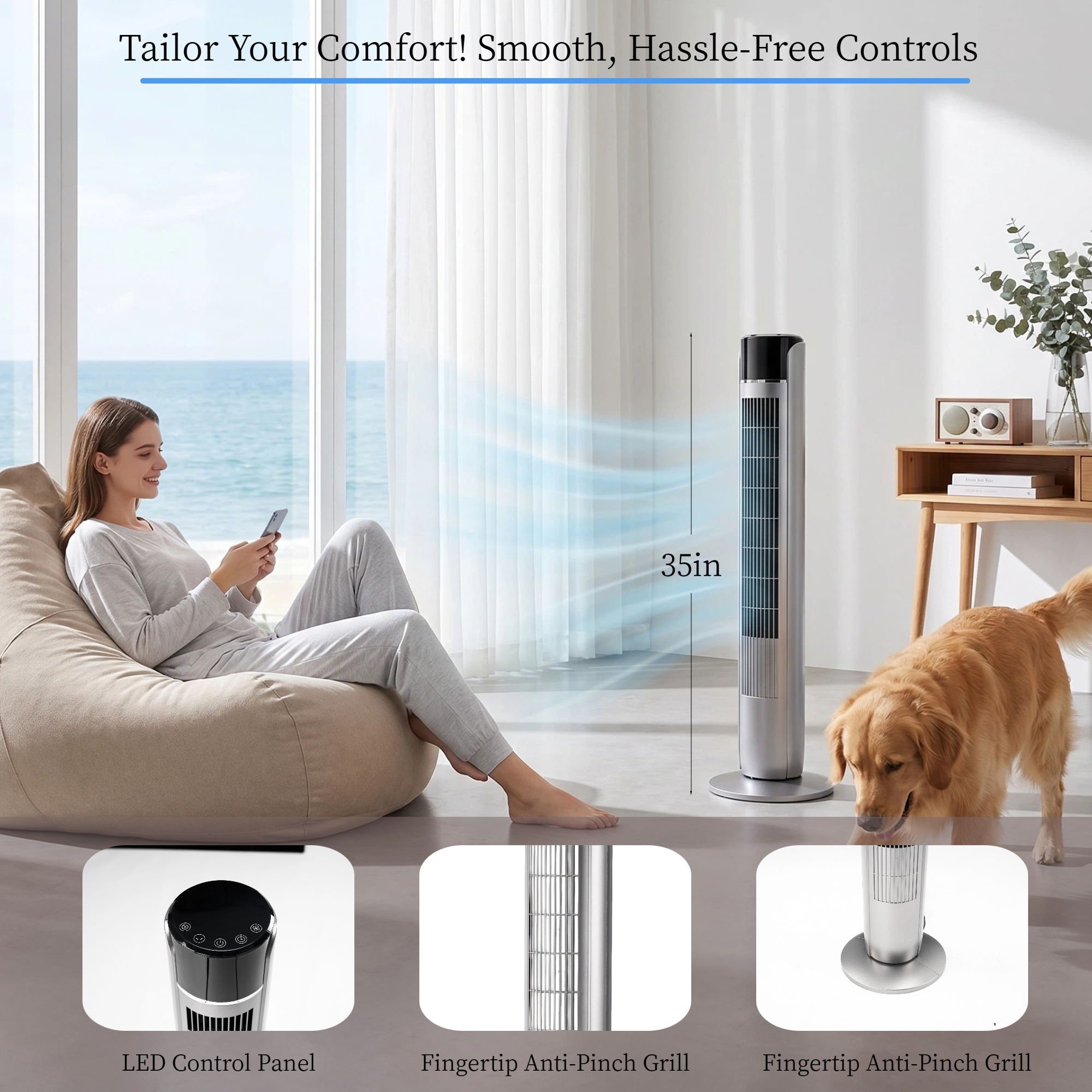 Roomisland 36" Quiet Tower Fan, Standing Bladeless Floor Fan with 60° Oscillation, 25ft Air Delivery, LED Display, 12 Hour Timer, 5 Speed 4 Mode Cooling Fan with Remote