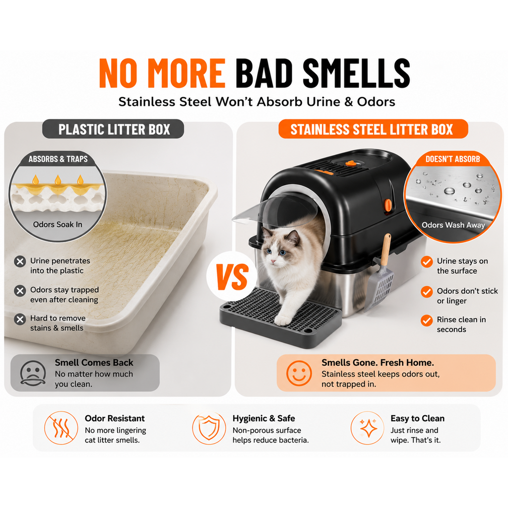 Roomisland Stainless Steel Litter Box with Lid, 3 in 1 Covered Metal Cat Litter Box,High Sided Anti-Leak Cat Box with Scoop & Mat, Front & Top Entry Easy Cleaning