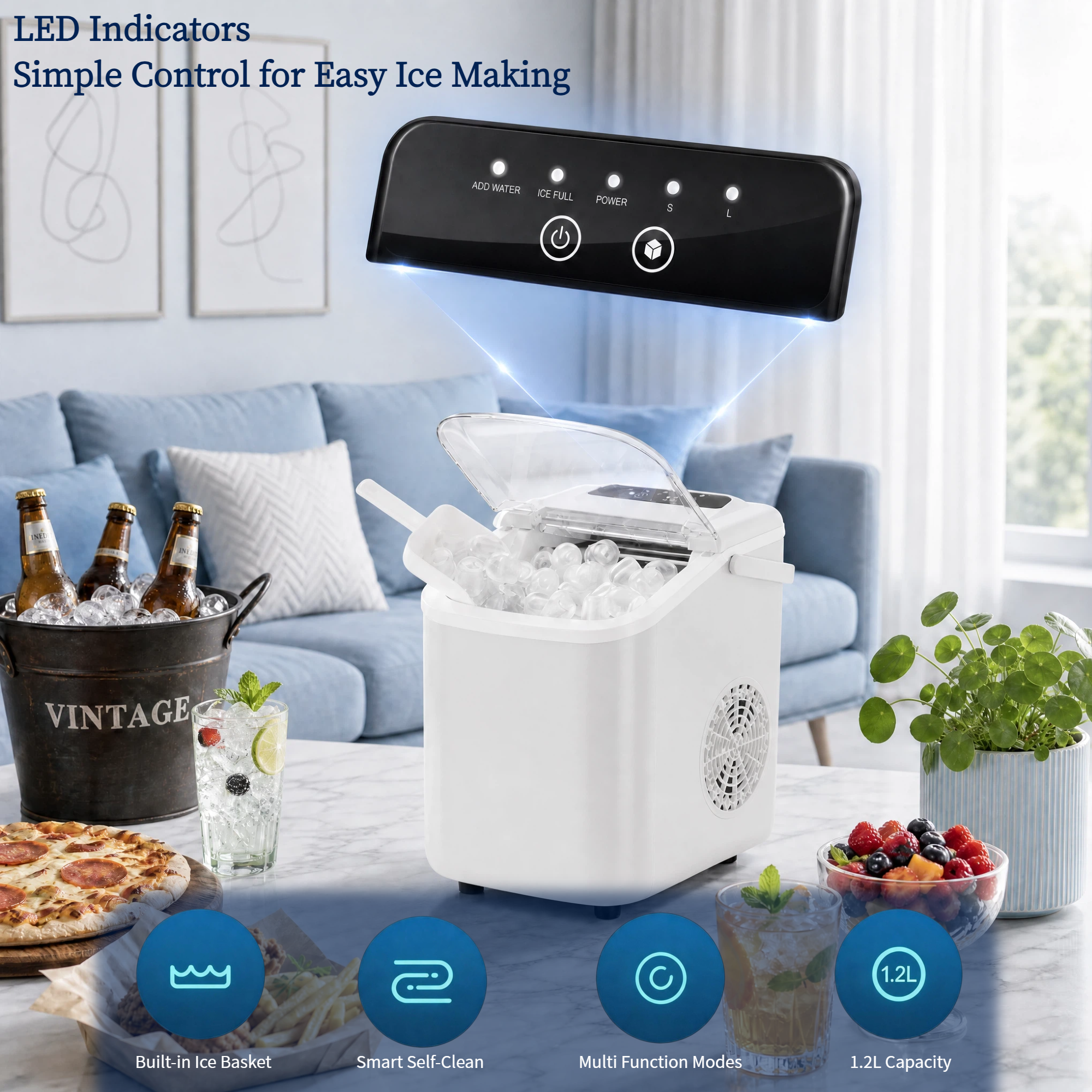 Roomisland Countertop Ice Maker, Portable Ice Machine with Handle, Basket & Scoop, 26Lbs/24H, 9 Bullet Ice Cubes in 6-8 Mins, Auto-Cleaning Silent Ice Maker for Home, Kitchen, RV Camping Outdoor