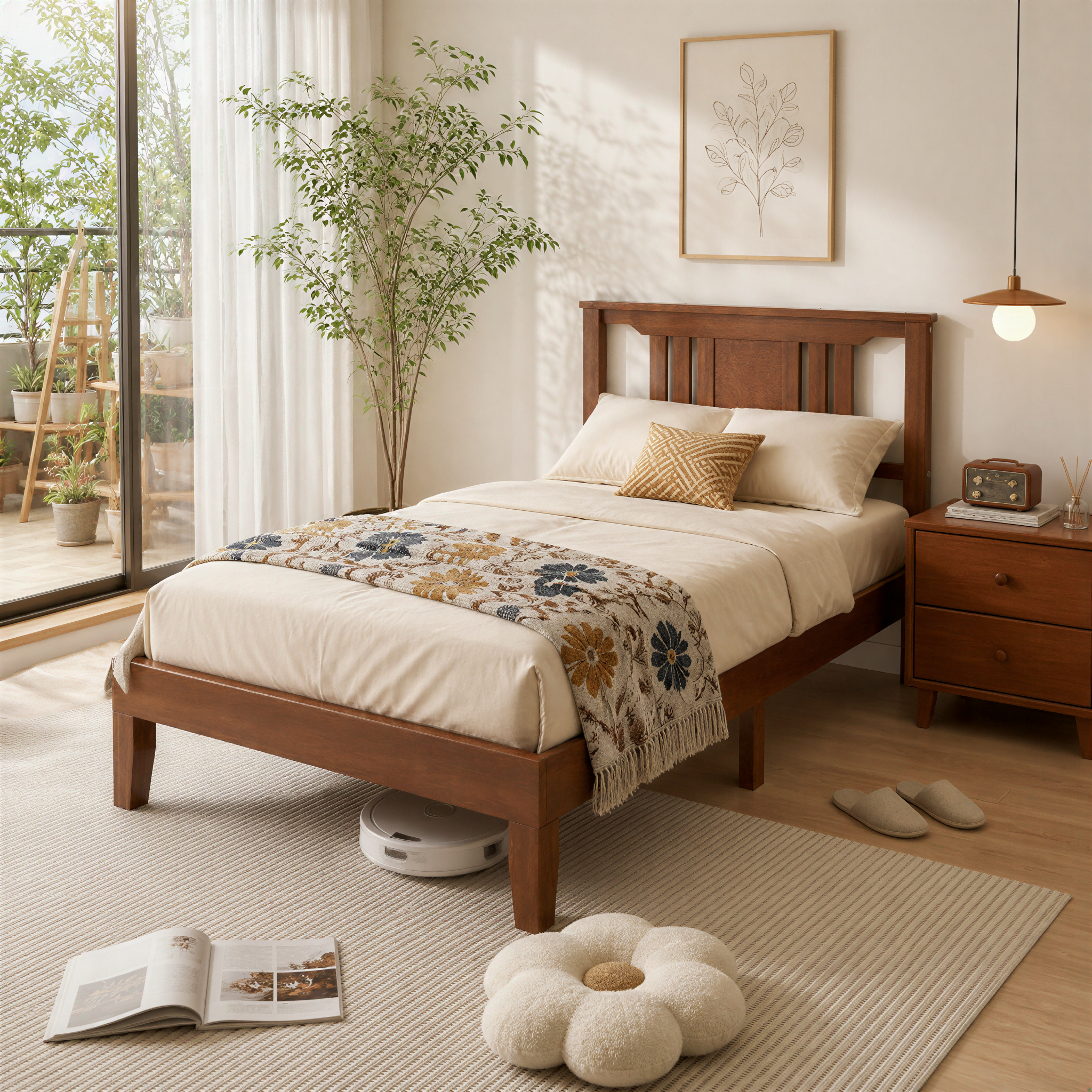 Roomisland Twin Size Platform Bed Frame with Headboard, 12 Inch Heavy Duty Wooden Bed Frame, No Box Spring Needed, Under Bed Storage, Easy Assembly, Walnut
