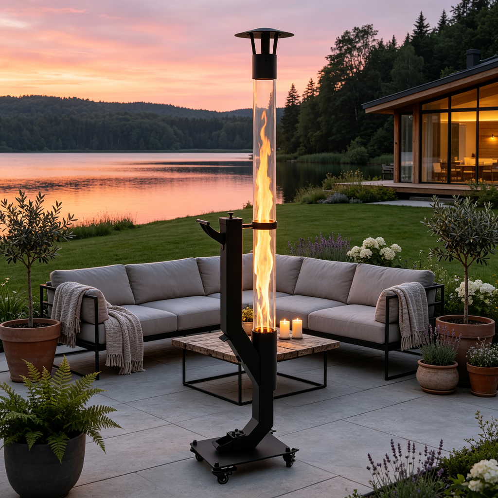 Nygira 64 inch Steel Smokeless Wood Pellet Fire Torch with Wheels, Portable Outdoor Patio Bonfire Ambiance