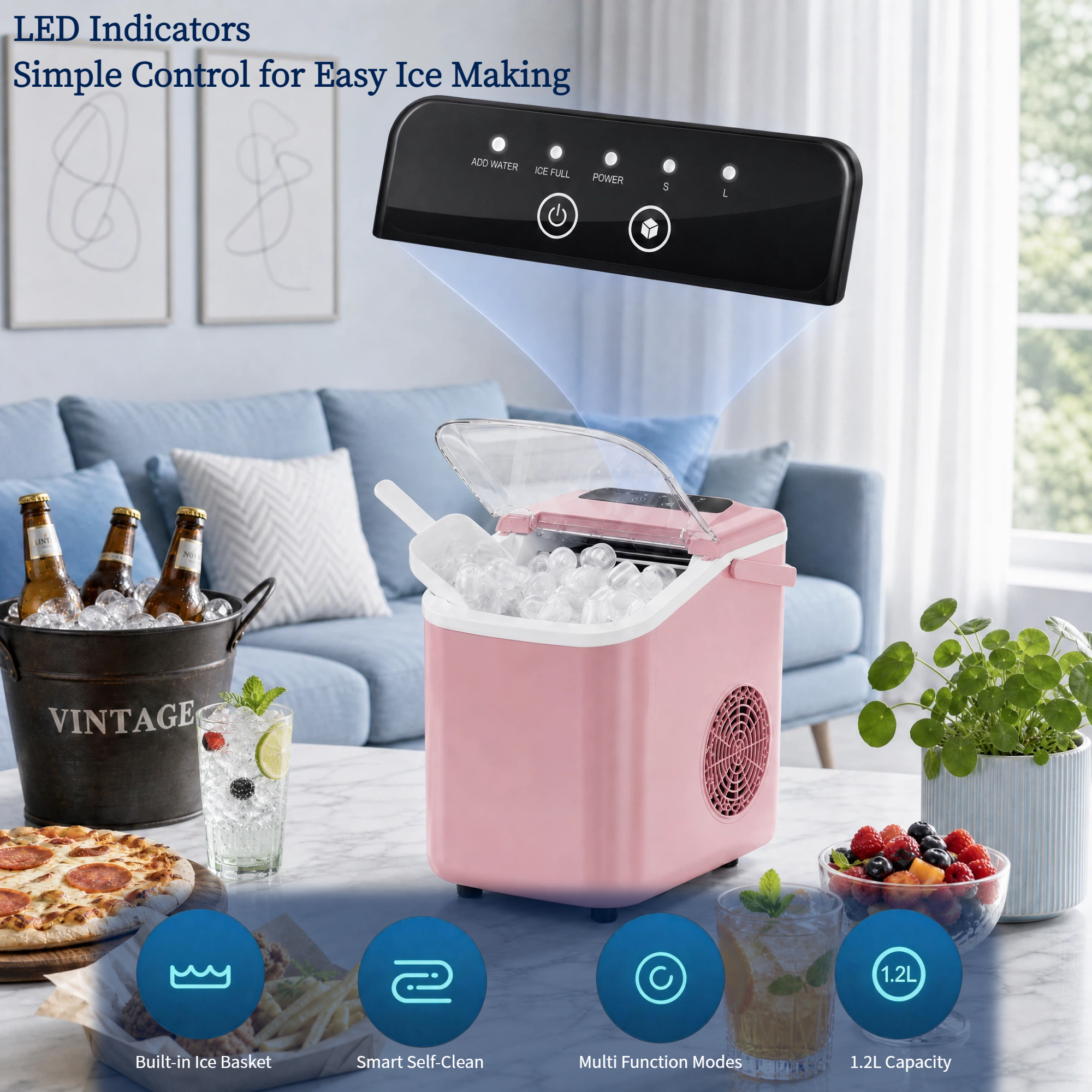 Roomisland Countertop Ice Maker, Portable Ice Machine with Handle, Basket & Scoop, 26Lbs/24H, 9 Bullet Ice Cubes in 6-8 Mins, Auto-Cleaning Silent Ice Maker for Home, Kitchen, RV Camping Outdoor
