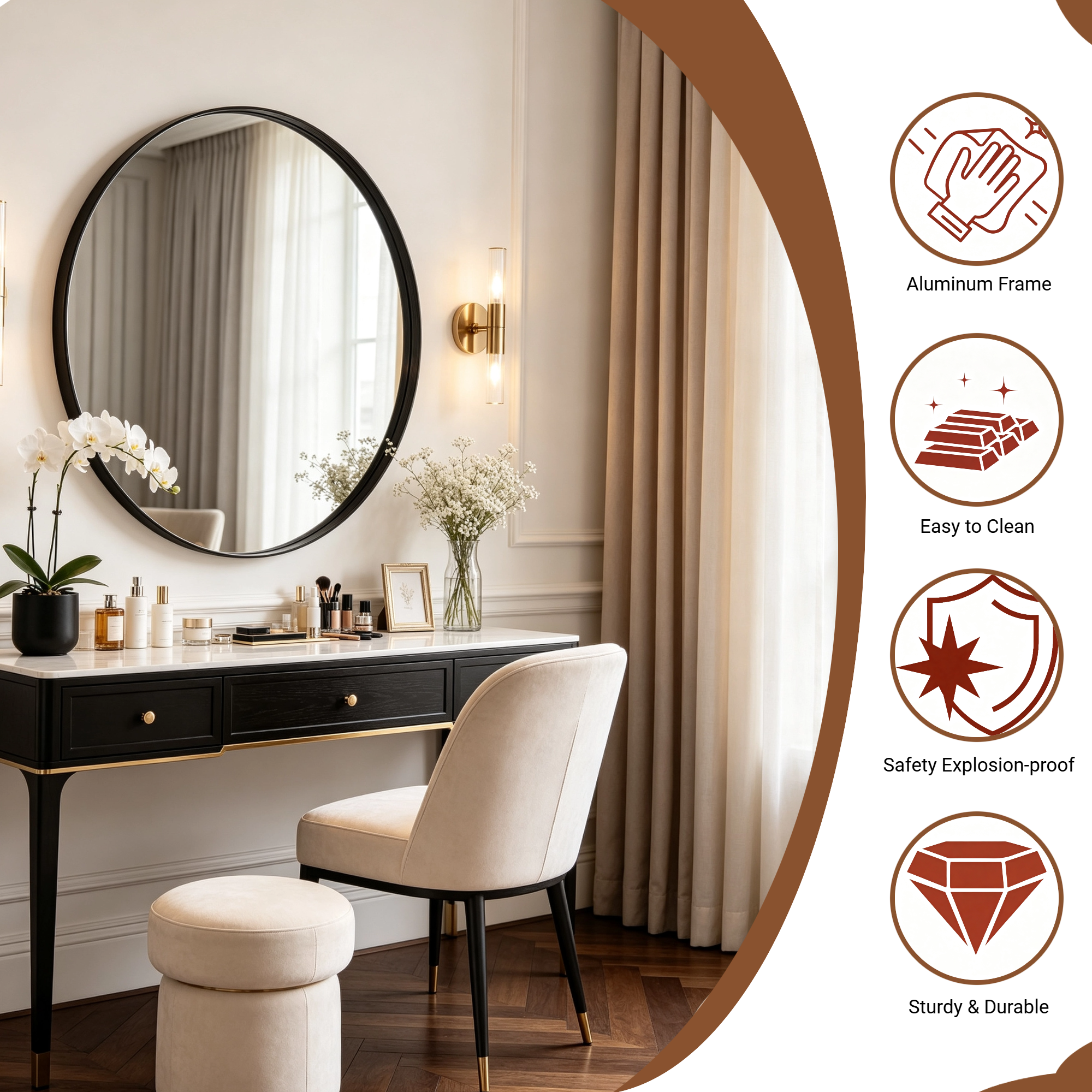 Round Bathroom Mirror, 20 Inch Large Circle Vanity Mirror with Anti-Rust Aluminum Frame, Modern Wall Mounted Mirror for Bedroom, Living Room, Wall Decor
