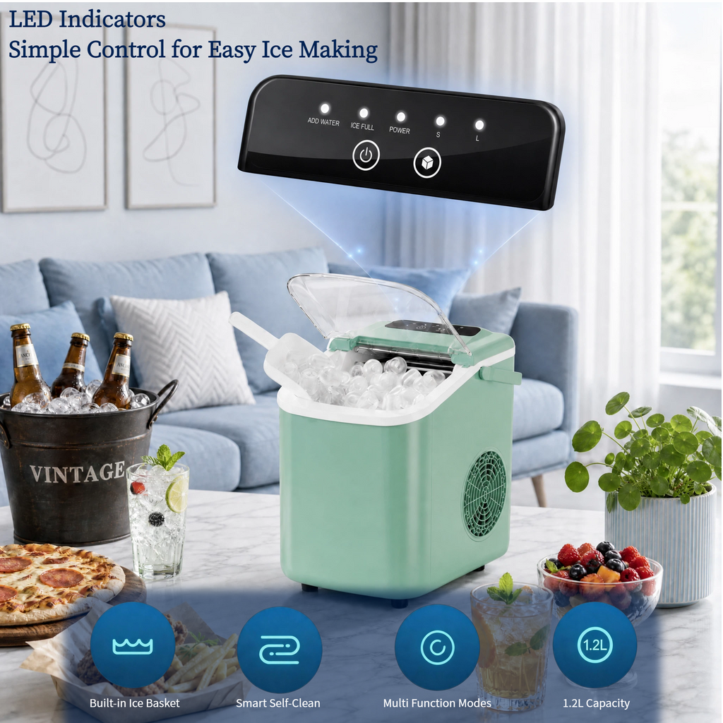 Roomisland Countertop Ice Maker, Portable Ice Machine with Handle, Basket & Scoop, 26Lbs/24H, 9 Bullet Ice Cubes in 6-8 Mins, Auto-Cleaning Silent Ice Maker for Home, Kitchen, RV Camping Outdoor