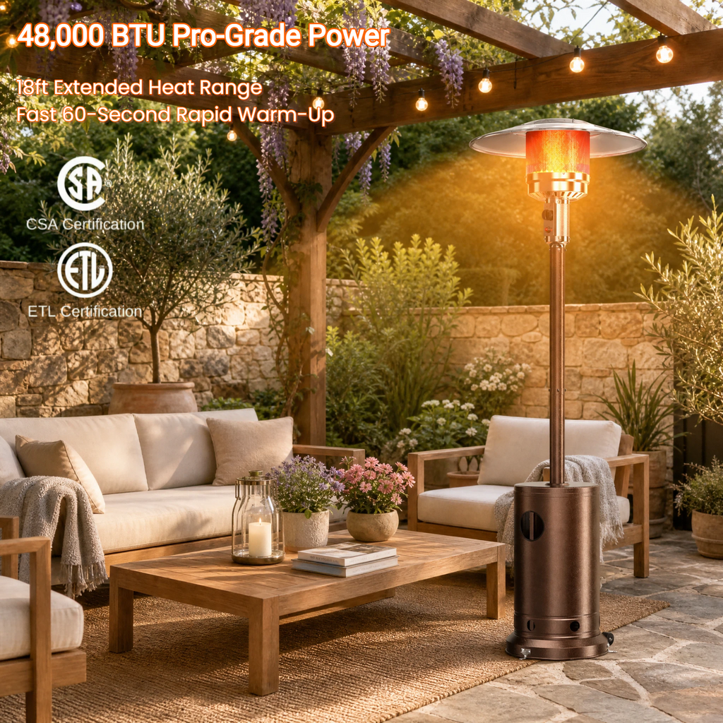 Roomisland 48000 BTU Outdoor Propane Heater with Sand Box Anti-Tip Base, Weighted Patio Heater on Wheels, Double-Layer Stainless Burner, Windproof Auto-Off for Backyard Deck Garden