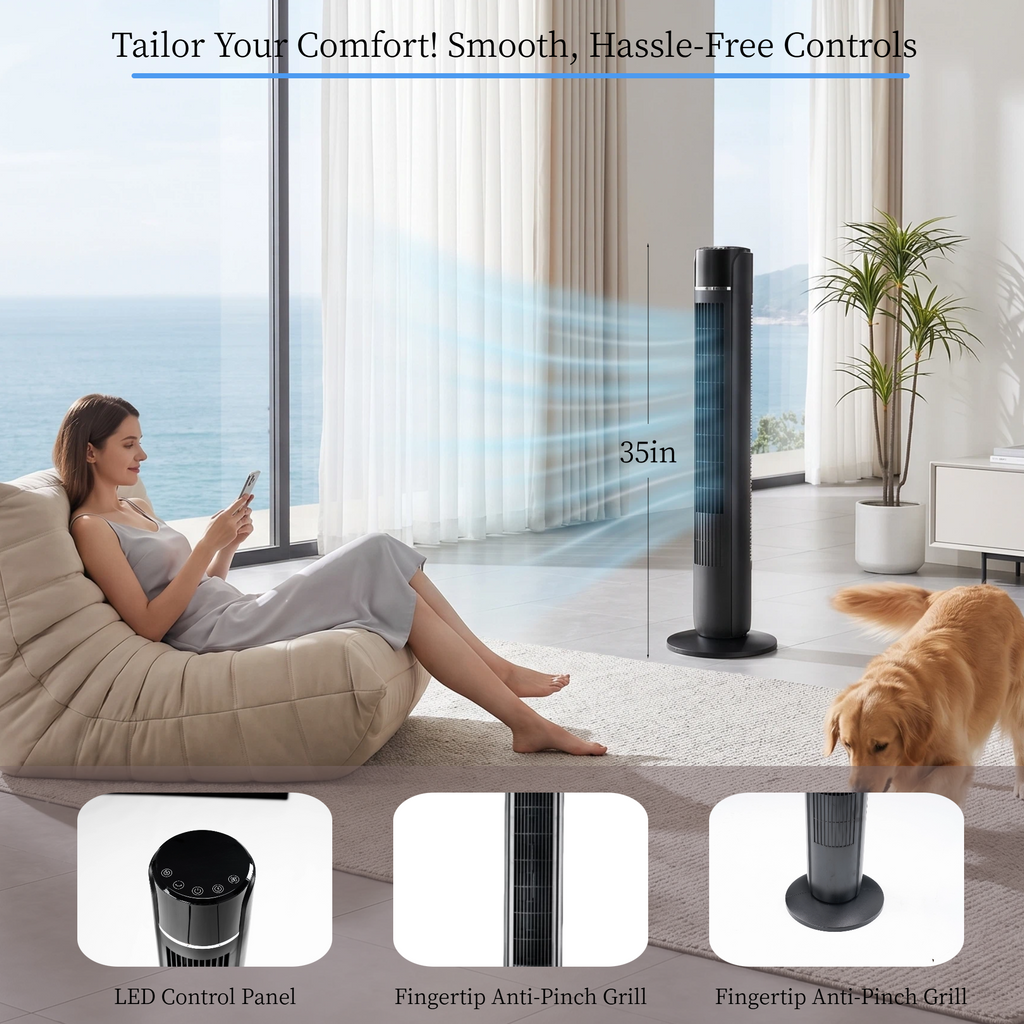 Roomisland 36" Quiet Tower Fan, Standing Bladeless Floor Fan with 60° Oscillation, 25ft Air Delivery, LED Display, 12 Hour Timer, 5 Speed 4 Mode Cooling Fan with Remote