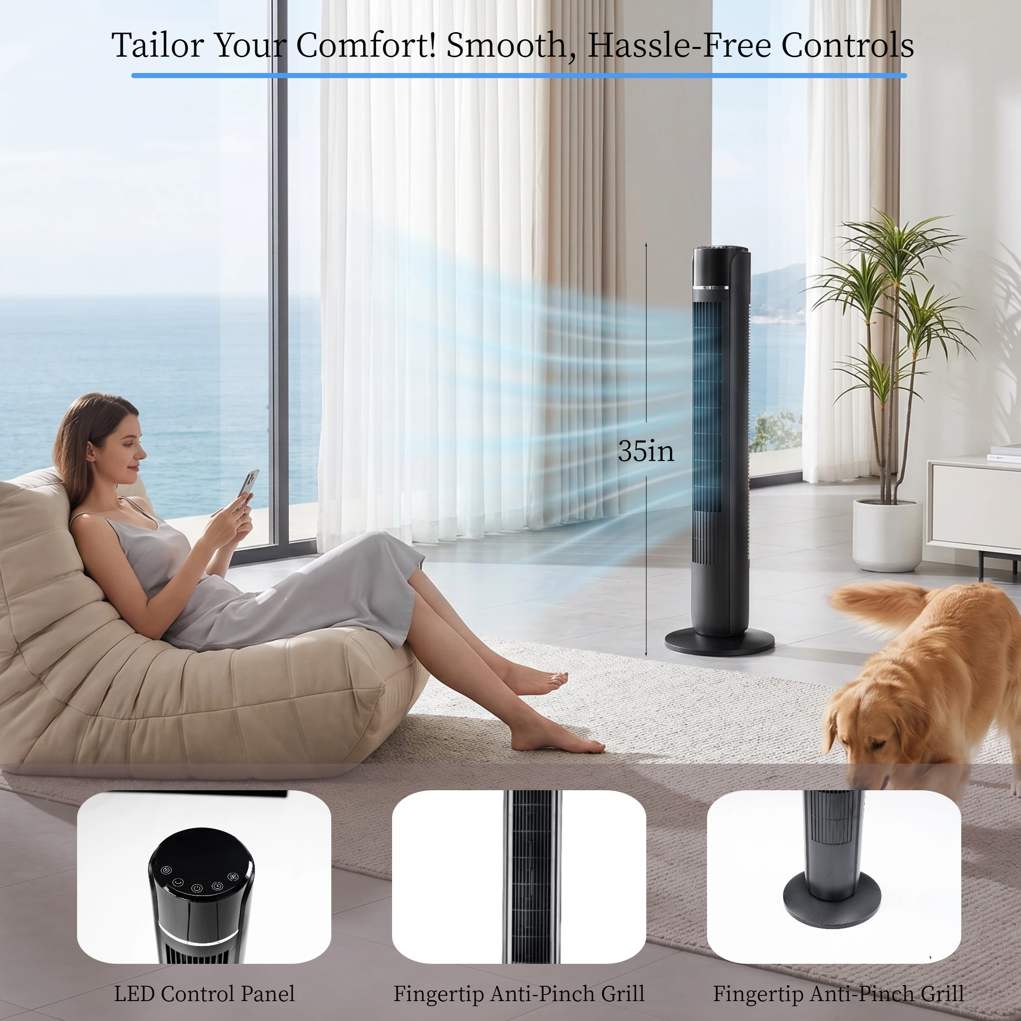 Roomisland 36" Quiet Tower Fan, Standing Bladeless Floor Fan with 60° Oscillation, 25ft Air Delivery, LED Display, 12 Hour Timer, 5 Speed 4 Mode Cooling Fan with Remote