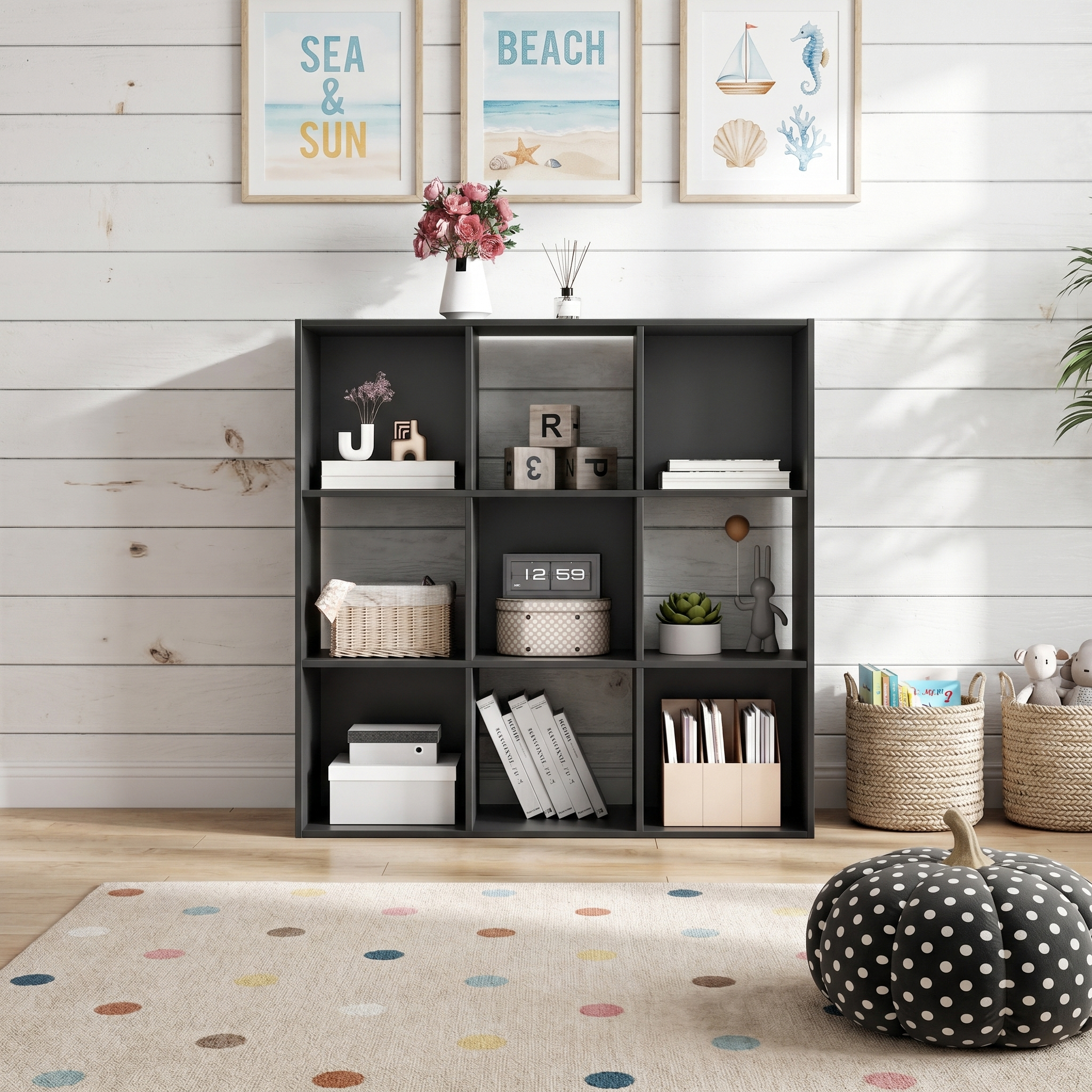 Roomisland 9 Cube Storage Organizer, Wood Bookshelf with Removable Back Panels, Open Cubby Shelf for Home Office Bedroom Living Room, Vertical or Horizontal