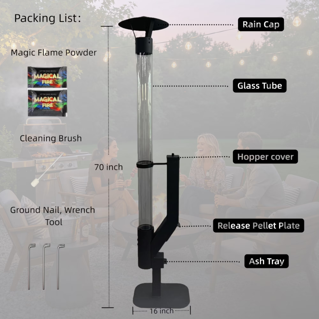 Roomisland 70 inch Steel Smokeless Wood Pellet Fire Torch with Glass Tube, Tall Outdoor Patio Bonfire Ambiance