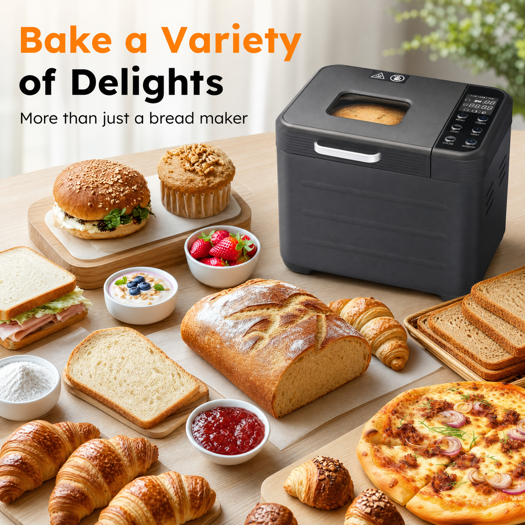 Roomisland Bread Maker Machine 21-in-1, 2LB Automatic Bread Machine with 360°Powerful Circulation Baking, Auto Nut Dispenser, 3 Loaf Sizes, Smart Touch Panel