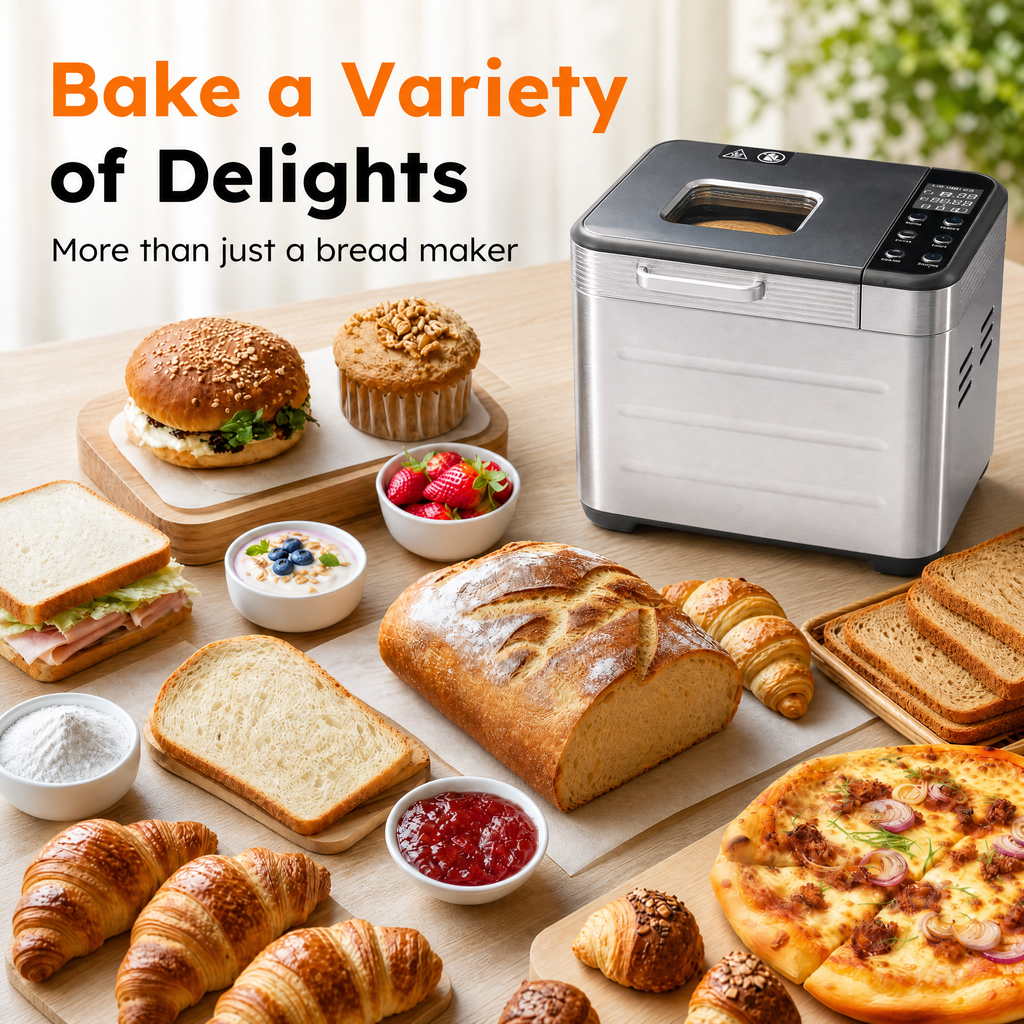 Roomisland Bread Maker Machine 21-in-1, 2LB Automatic Bread Machine with 360°Powerful Circulation Baking, Auto Nut Dispenser, 3 Loaf Sizes, Smart Touch Panel