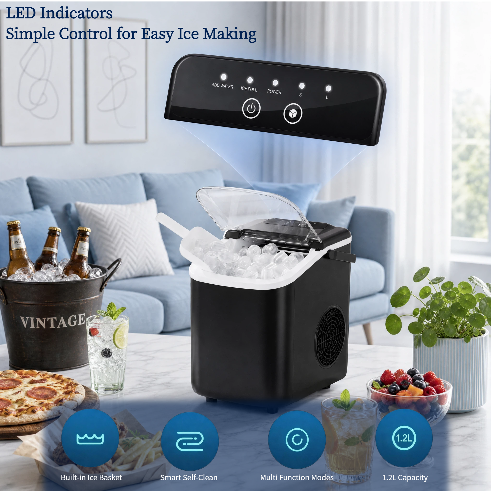 Roomisland Countertop Ice Maker, Portable Ice Machine with Handle, Basket & Scoop, 26Lbs/24H, 9 Bullet Ice Cubes in 6-8 Mins, Auto-Cleaning Silent Ice Maker for Home, Kitchen, RV Camping Outdoor