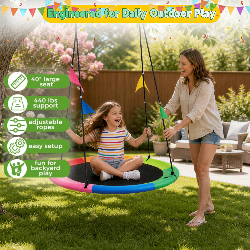 40 Inch Saucer Tree Swing, Heavy Duty Round Swing Seat for Kids & Adults, Adjustable Ropes, Waterproof Outdoor Backyard Playground